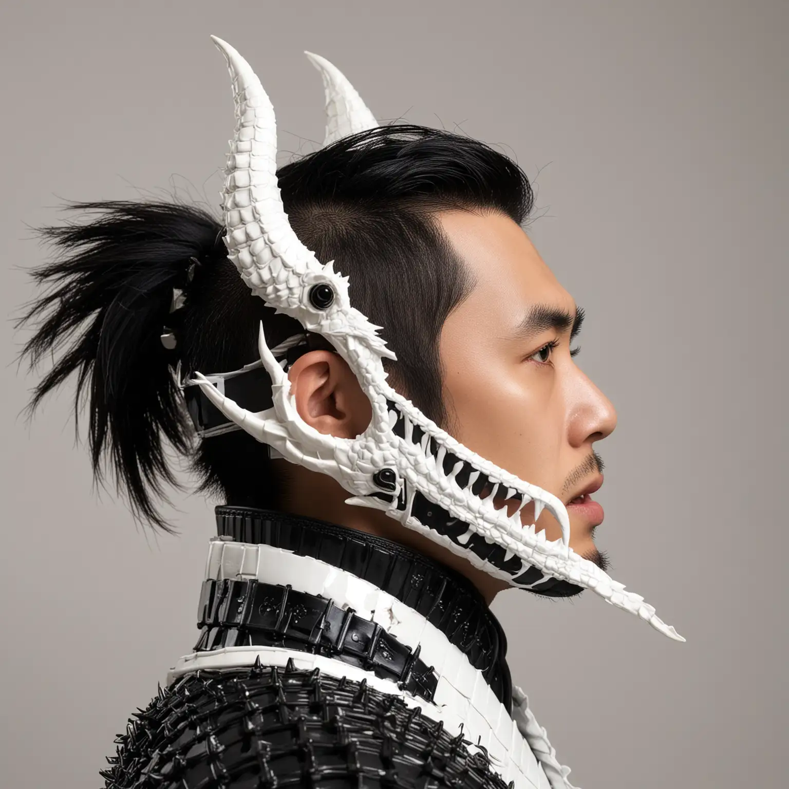 Portrait photograph, side profile view, looking to the right, Japanese man with black spiked hair wearing large plastic white dragon samurai chin-guard, black turtleneck white background