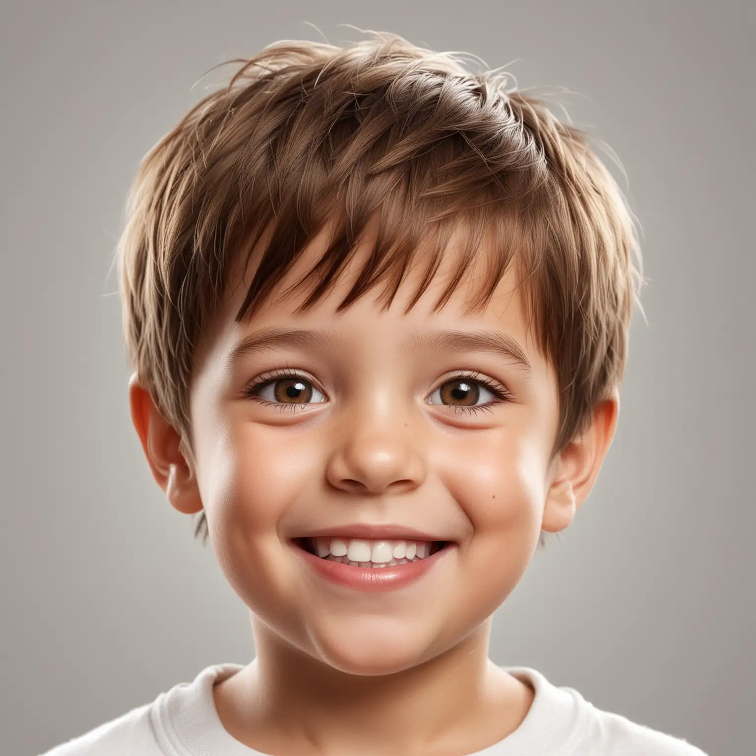 realistická ilustrace, dítě, hlava, kluk usmívá se 5 let, hnědé úplně krátké vlasy, bílé čisté pozadí CMYK 0000