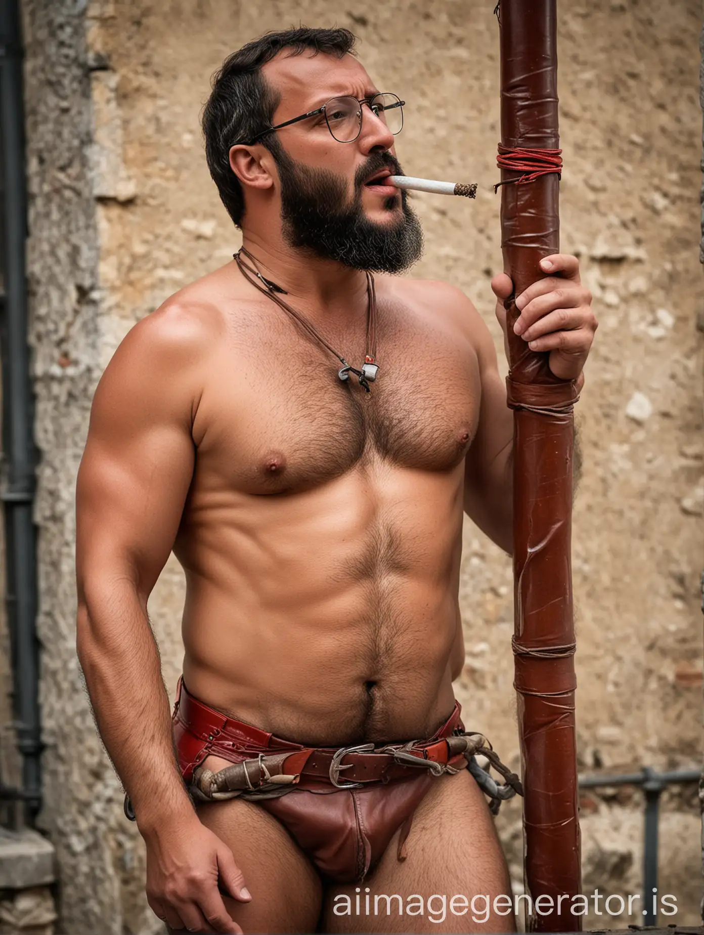 a manly ruggedly handsome Matteo Salvini  smoking a big cigar muscled and bearded bound tied handcuffed hit by two men hanging to a pole, red leather tight dressed wearing glasses
