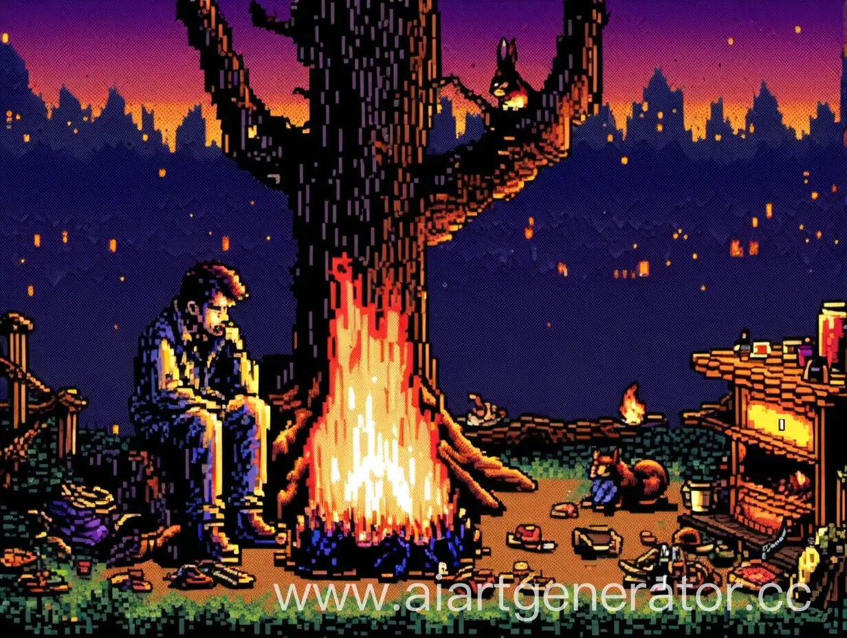 16-bit pixelated picture. the time of day in the picture is midnight. There is darkness all around, only the light from the fire illuminates the area. In the center of picture sits a lonely drunk man in dirty clothes by the fire (the man is shown in close-up). Also, a lonely squirrel sits on one of the trees.
