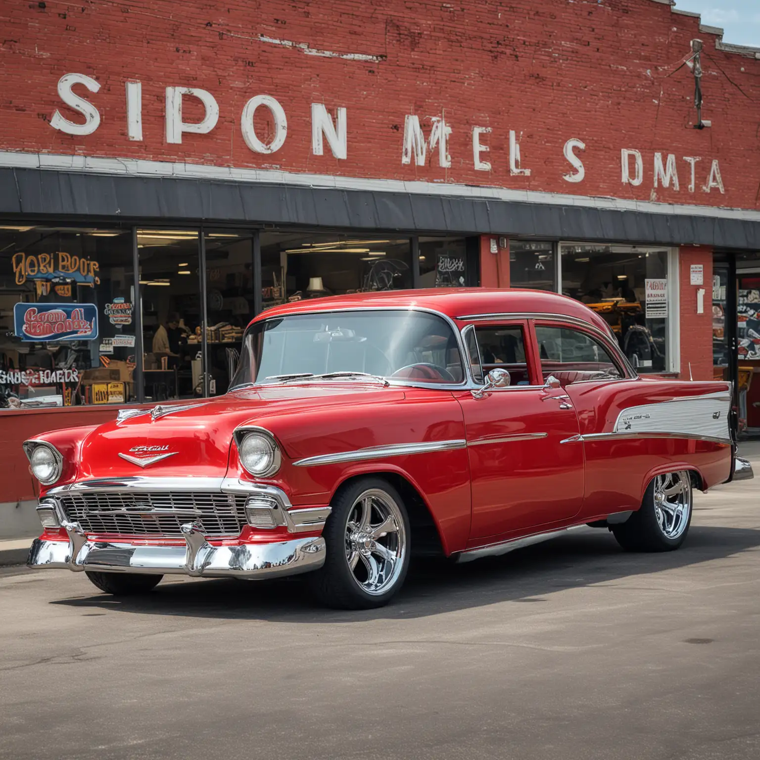 1956 chevy candy apple red, chrome wheels in front of 1960s hot rod shop
