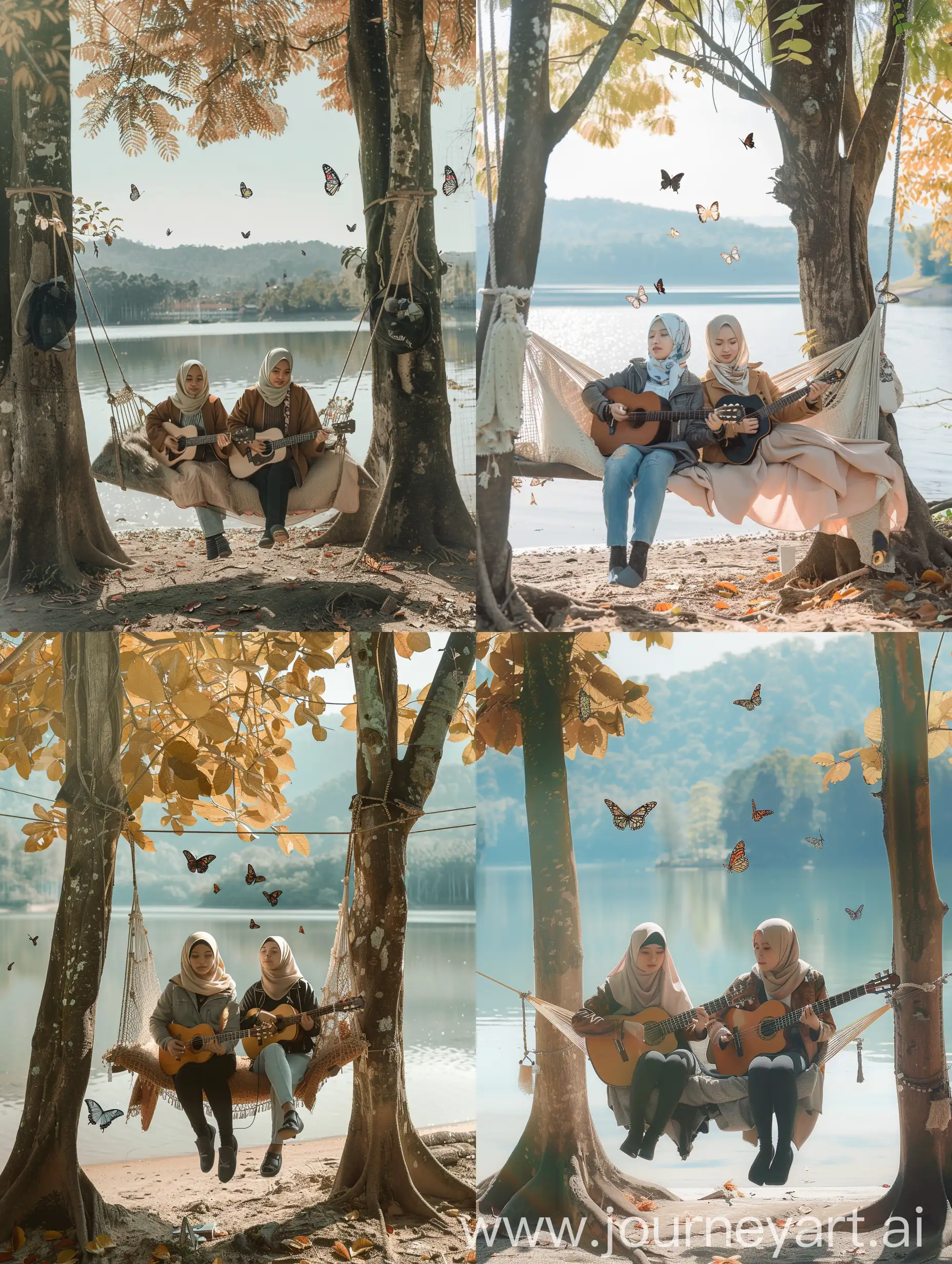 Serene-Autumn-Day-by-the-Lake-Two-Women-in-Hijabs-Playing-Guitar