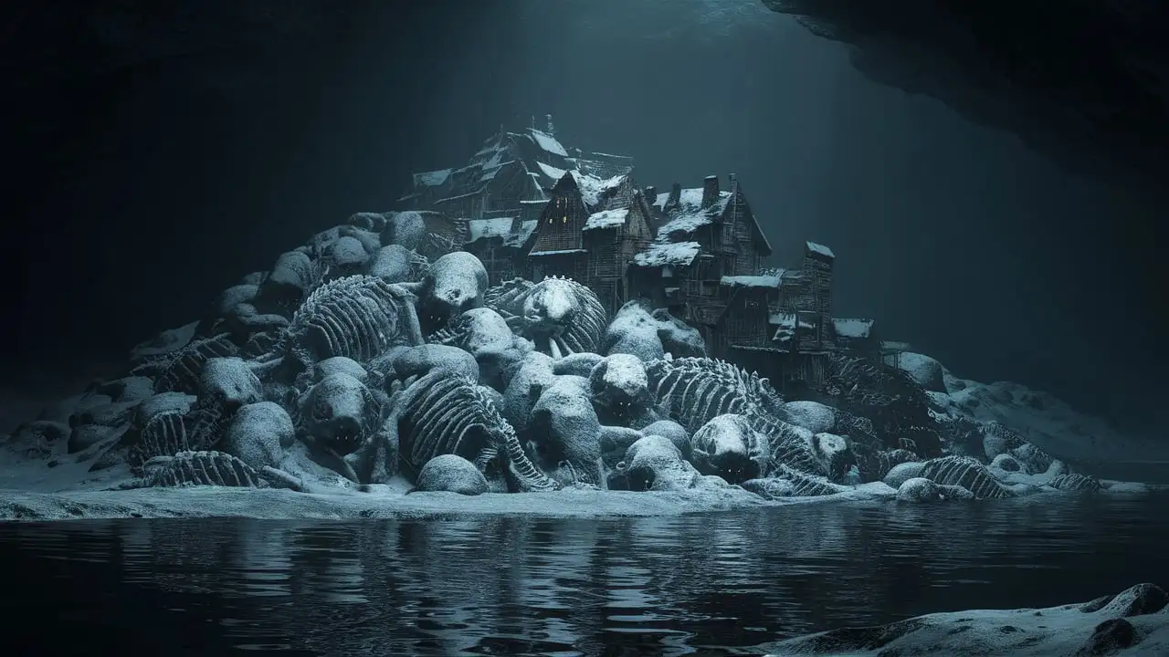 Snow-covered skeletons of various giant creatures rise from underwater in a massive uneven pile. On top of the skeletons is a ramshackle city that spans from the top of the pile to the water It has to be inside a giant cavern only seen far away to the distance and surrounded by black water. Light only comes from the village itself, there is also a lot of fog.