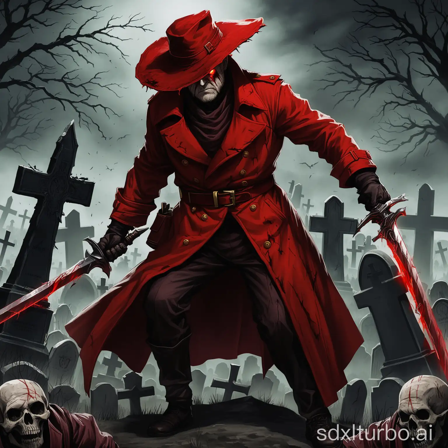 an old blood hunter, wearing a red trenchcoat, a big red hat, yellow belt, fights with a double-sabre and has scars over half his face, no eyebrows, on a graveyard