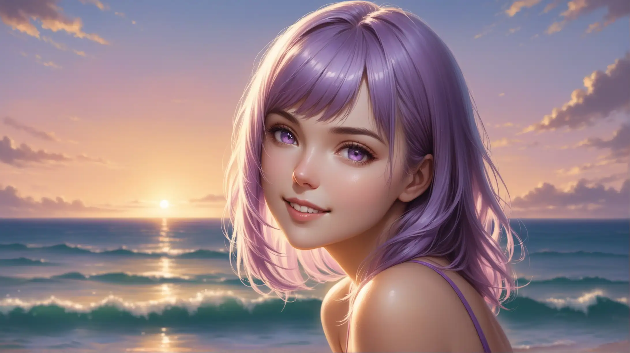 Draw a woman, shoulder length light purple hair, messy bangs framing her face, light purple eyes, petite figure, high quality, realistic, accurate, detailed, long shot, outdoors, dim lighting, seductive pose, swimsuit, smiling at the viewer