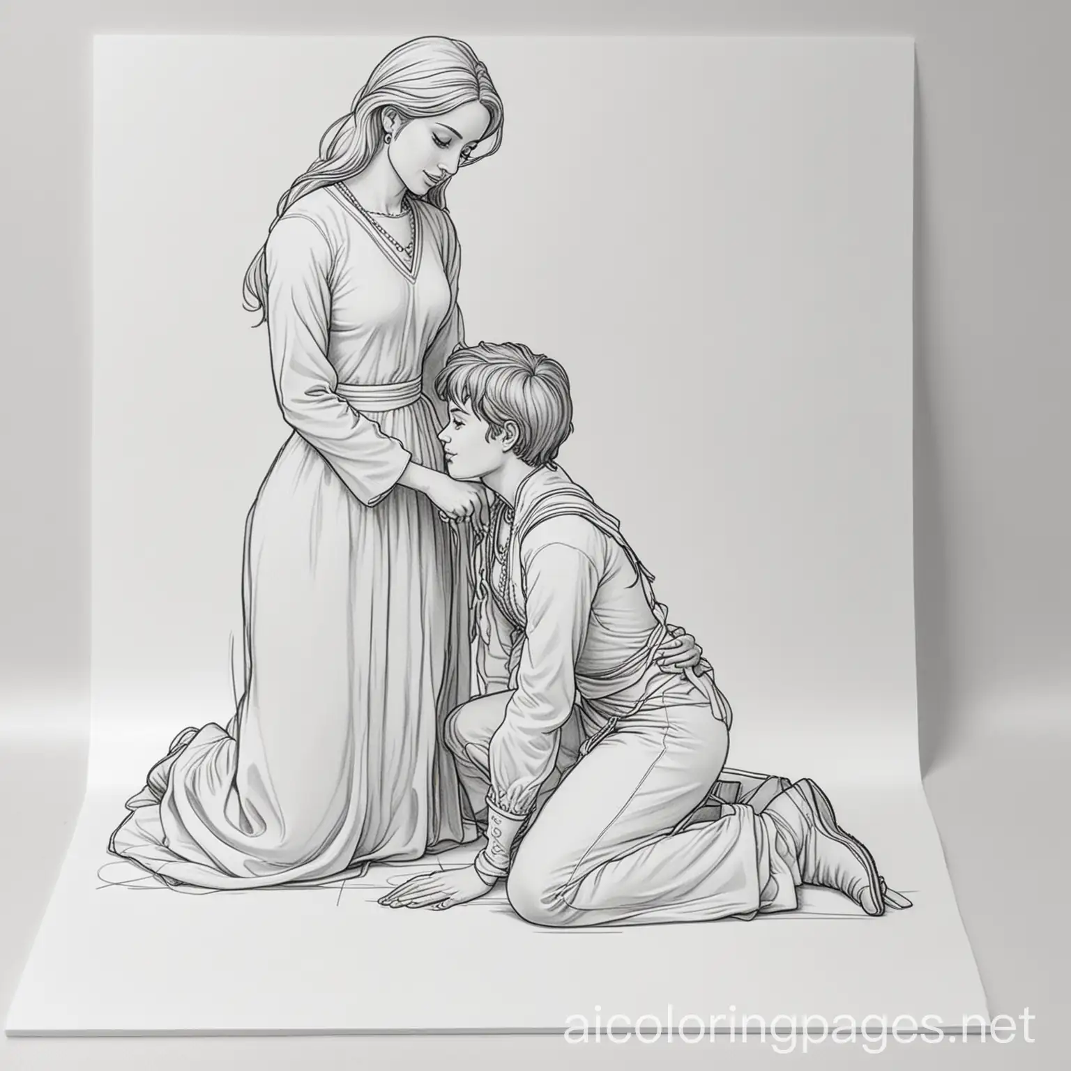 guy kneeling for his mistress, Coloring Page, black and white, line art, white background, Simplicity, Ample White Space. The background of the coloring page is plain white to make it easy for young children to color within the lines. The outlines of all the subjects are easy to distinguish, making it simple for kids to color without too much difficulty
