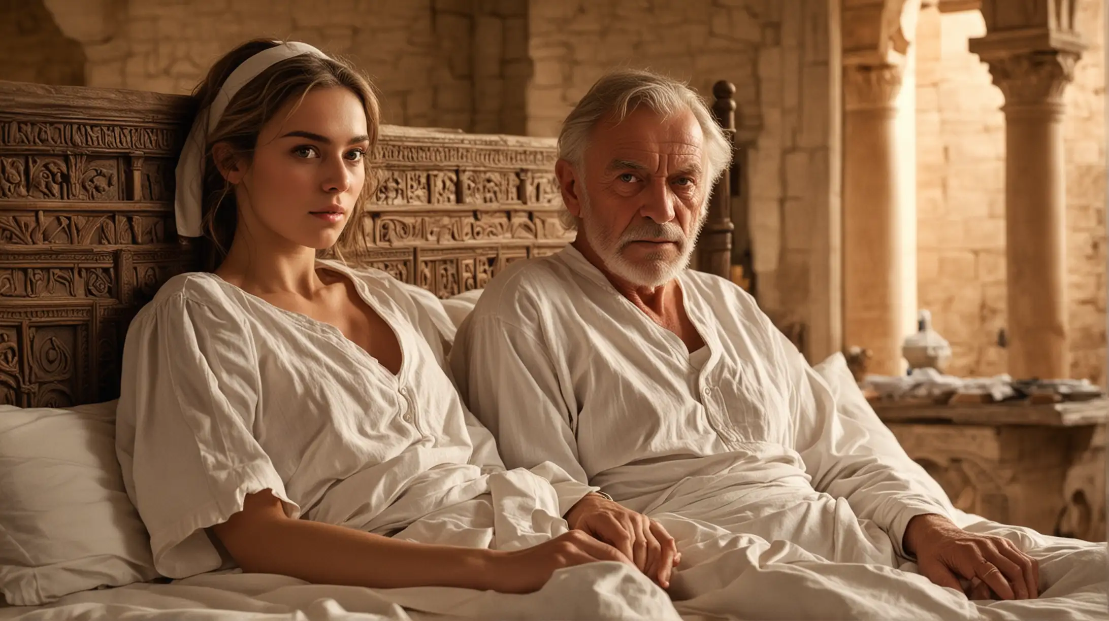 An old handsome man is lying in bed. And a Young attractive nurse is looking after him. Set in a Desert Palace, During the Biblical era of King David.