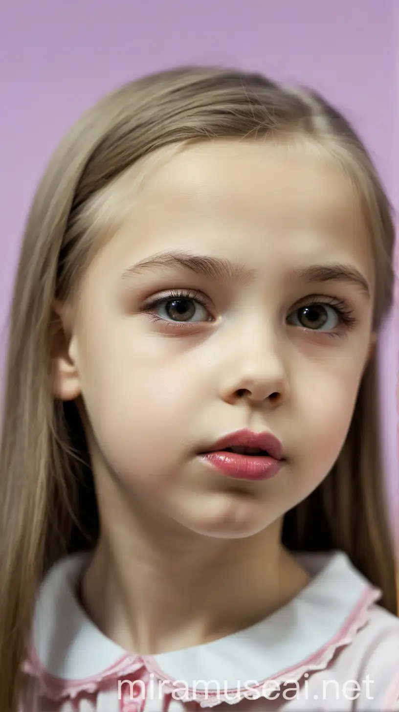 A 12 years innocent child ukranian  in classroom, most beautiful girl in the world, close-up, pink lips, saddnes