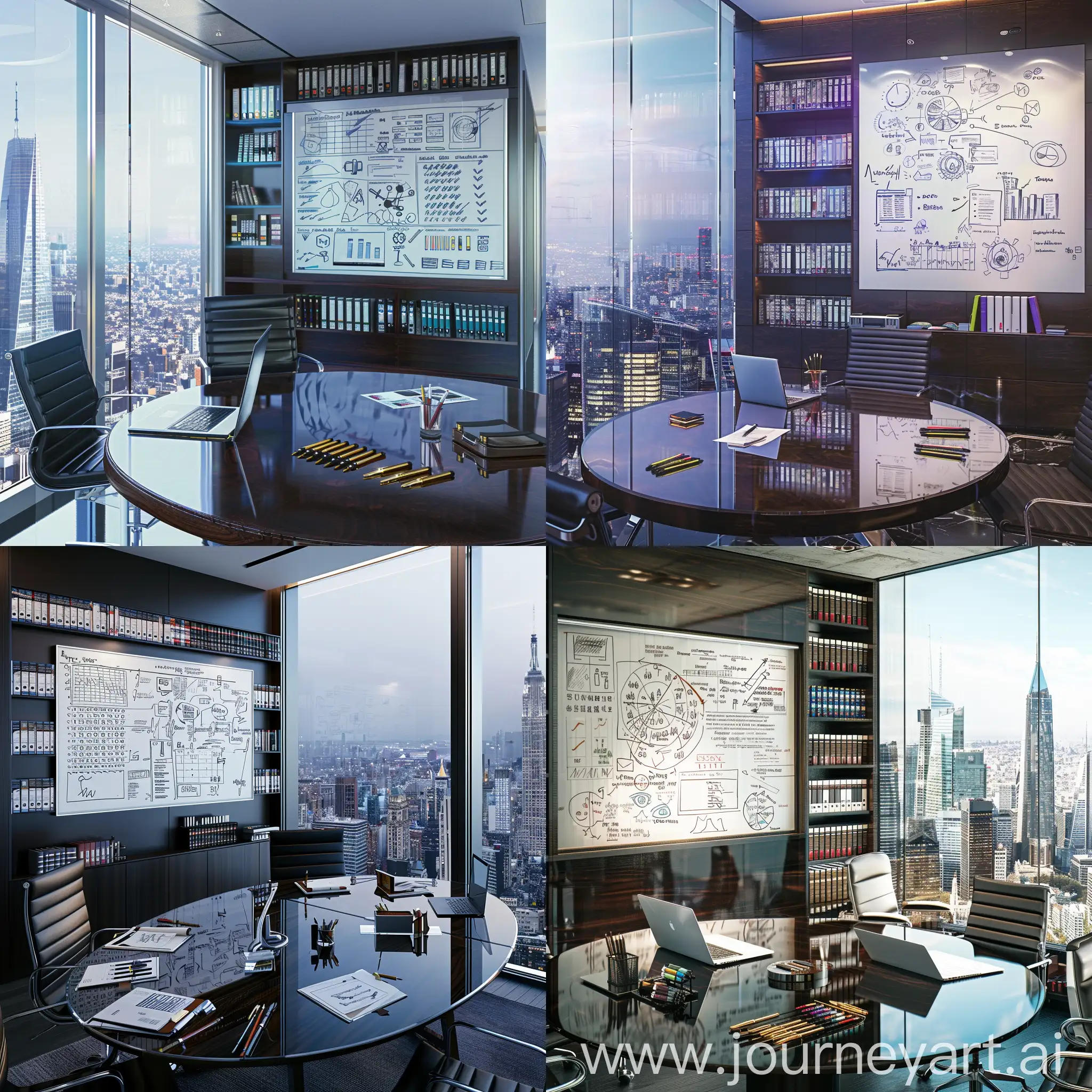 An elegant glass office at the top of a skyscraper, with a panoramic view of the city below. Inside the office, there is a polished dark wood desk, with a modern laptop and a set of luxury pens. On the wall behind the desk, there is a large whiteboard with various business strategies and complex charts drawn on it. Next to the board, there is a bookshelf full of books on business and economics. In the center of the office, there is a large round table with comfortable chairs around it, ready for a business meeting. This scene conveys a sense of professionalism, sophistication, and success