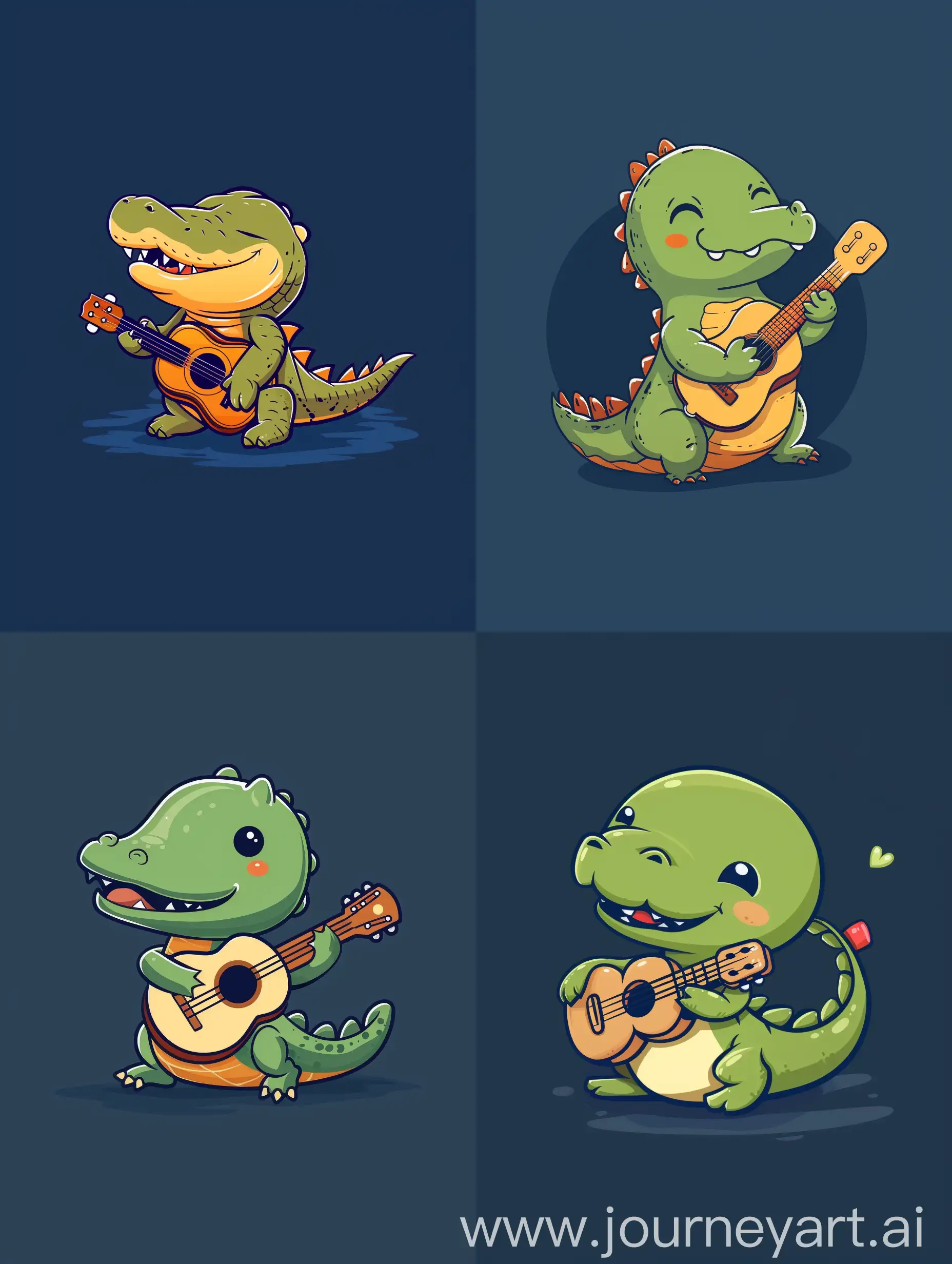 thin line style chibi cute crocodile playing guitar, with solid dark blue background, small object and center concentrated image, far view point