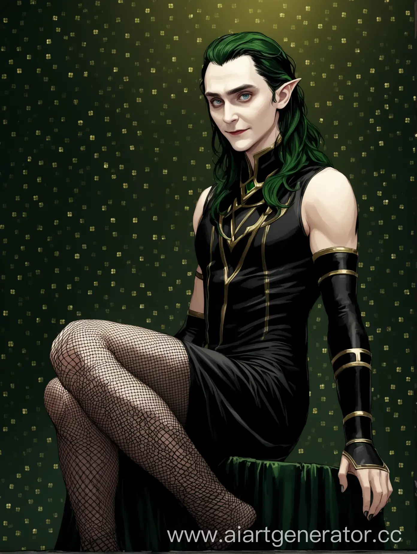 Loki in a black dress with fishnet tights