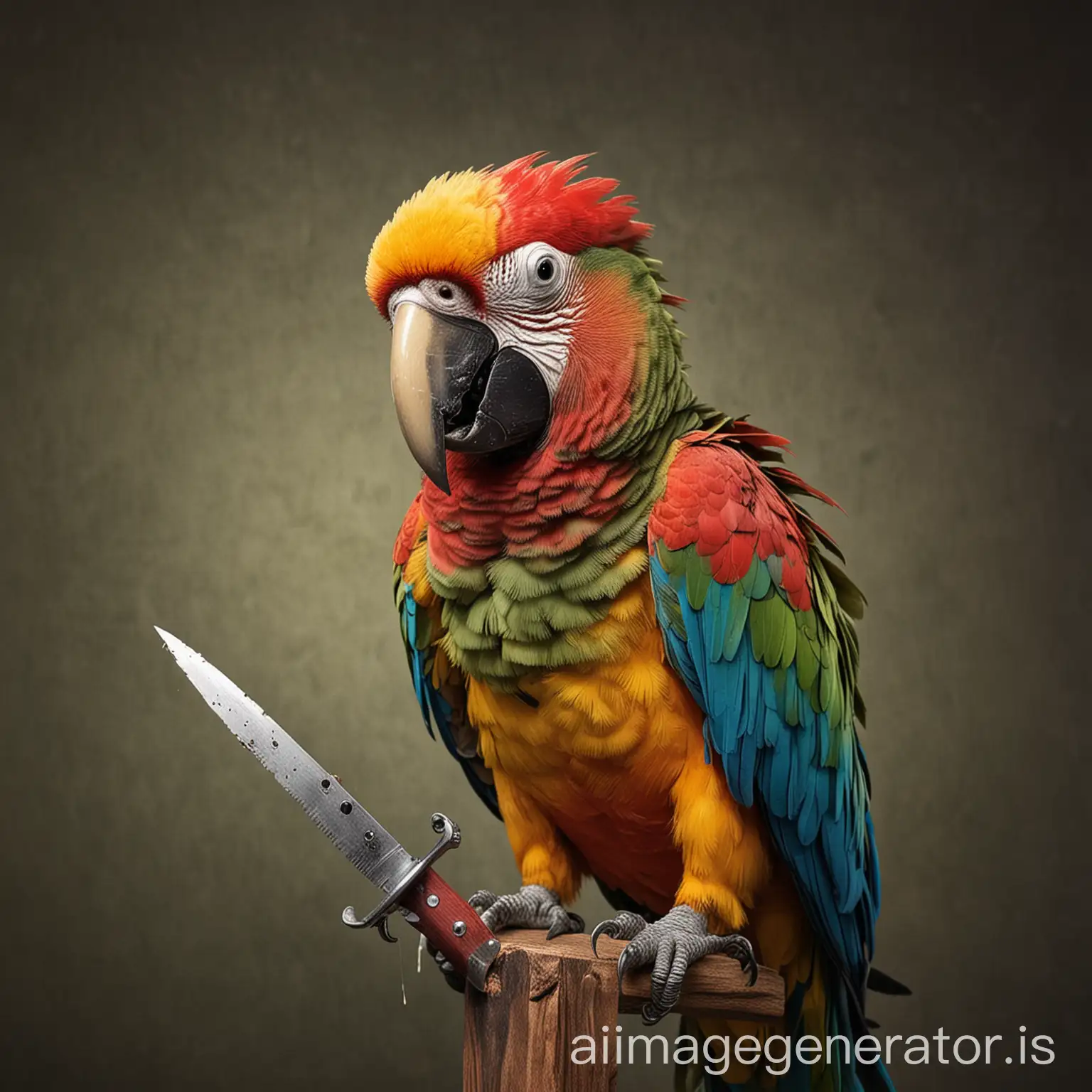a scared and crying parrot with a knife stuck in its right side