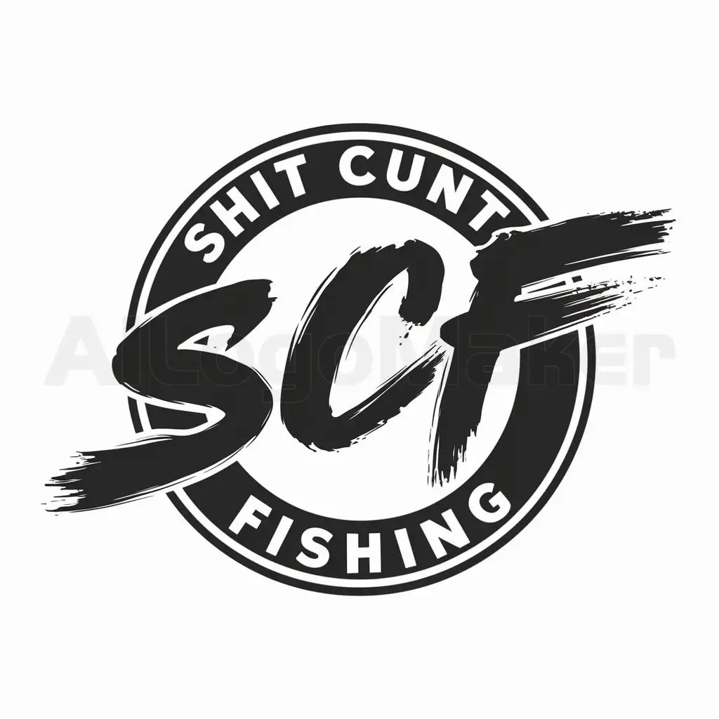 a logo design,with the text "Shit Cunt Fishing", main symbol:The letters 'SCF' in a circle. Black and white with a rough brush stroke style,Moderate,be used in Sports Fitness industry,clear background
