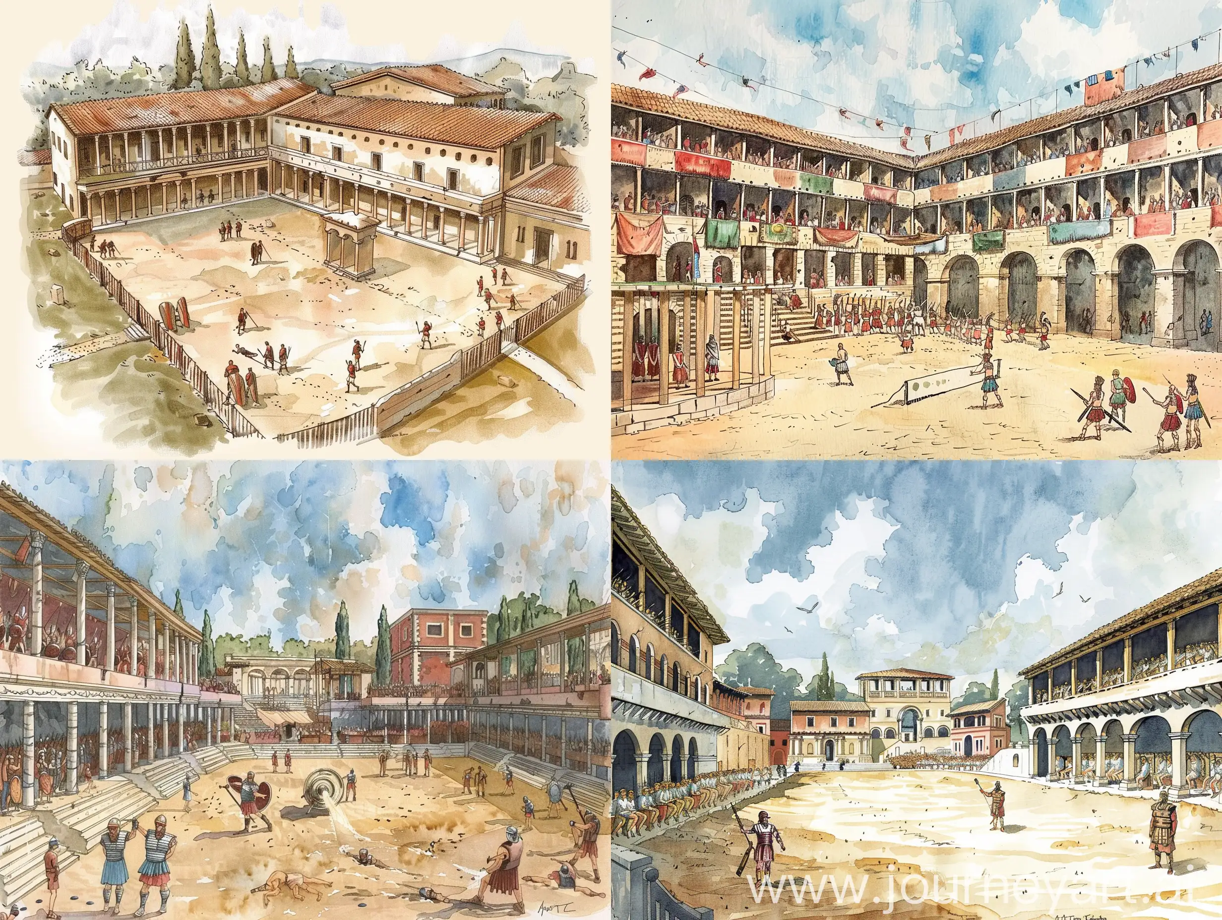 Draw the Ludus  of the gladiator school in ancient Rome