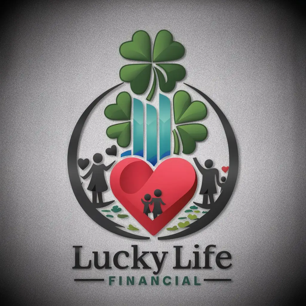 a logo design,with the text 'Lucky Life Financial', main symbol:Waterfall, Lucky clover, Family, Heart,complex,clear background