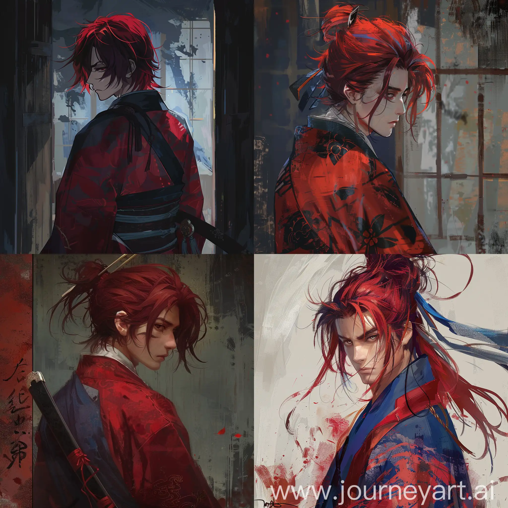 man, samurai, dark red hair, Dark red kimono, Blue back, 1 boy, anime art style, 1 person