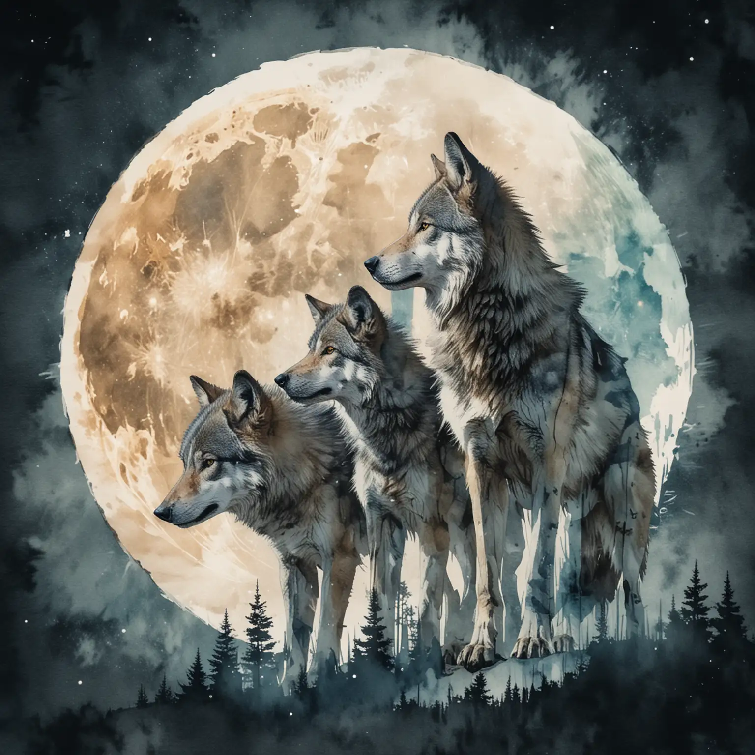 Majestic Wolf Gazing at Moon with Pup in Double Exposure Watercolor