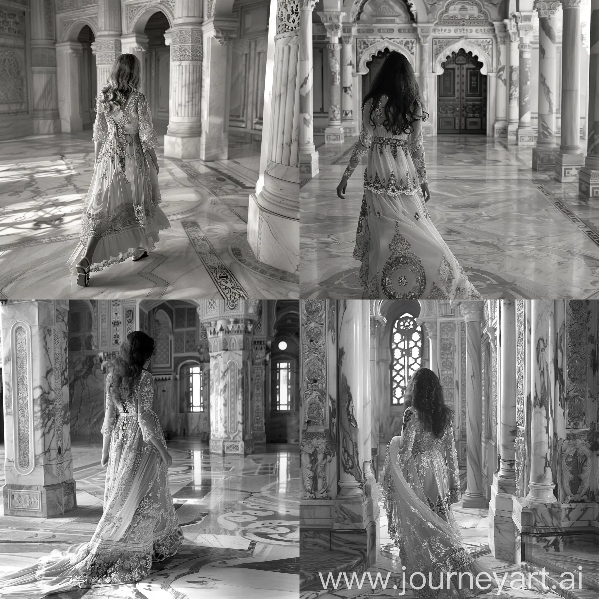 Девушка с длинным платьем из турецкого орнамента, кружева идёт по мраморному восточному дворцу