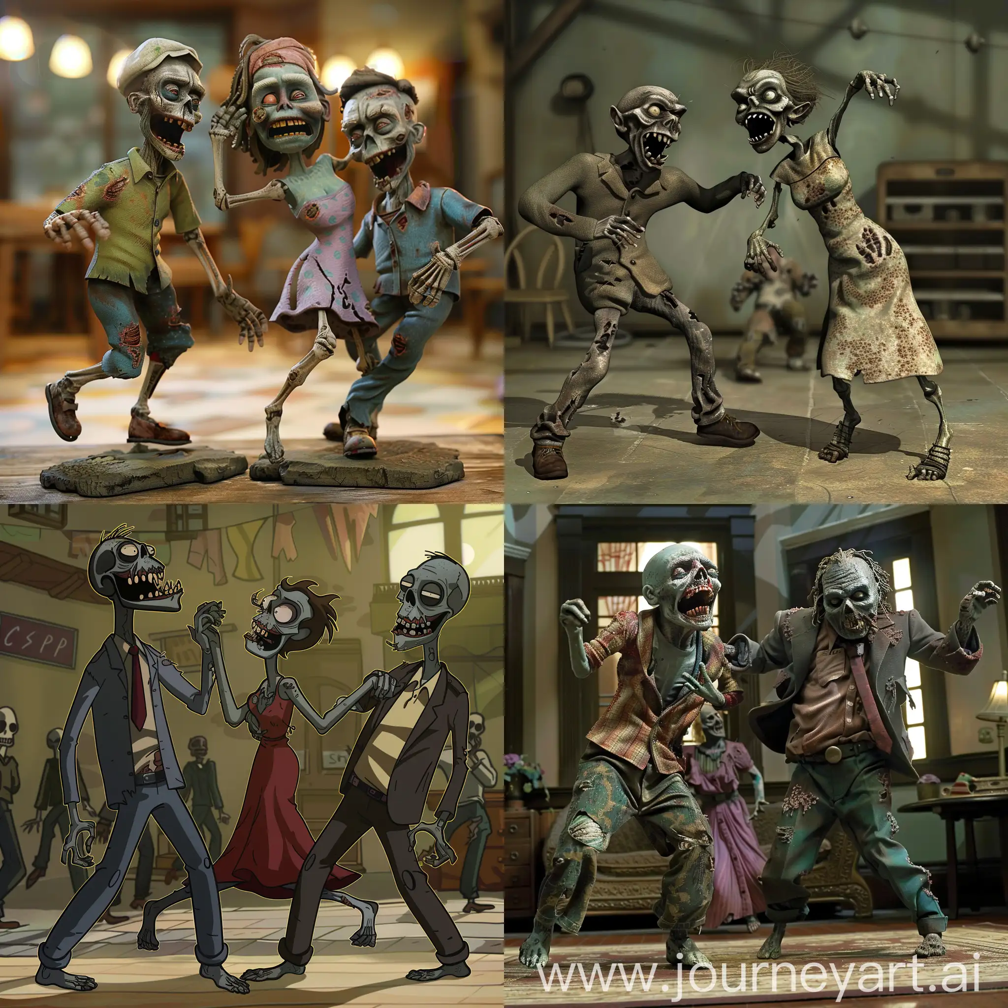 animation kind of two male zombies and one female zombie dancing