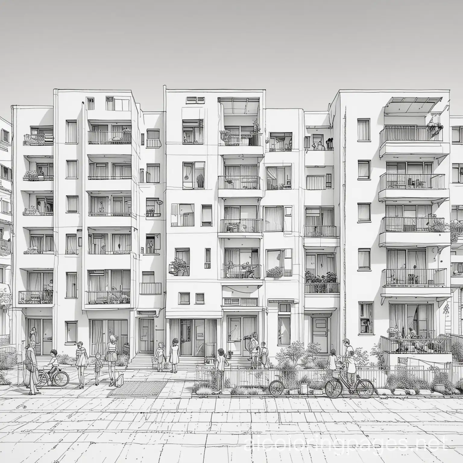 lots of modern apartments buildings with people, Coloring Page, black and white, line art, white background, Simplicity, Ample White Space. The background of the coloring page is plain white to make it easy for young children to color within the lines. The outlines of all the subjects are easy to distinguish, making it simple for kids to color without too much difficulty