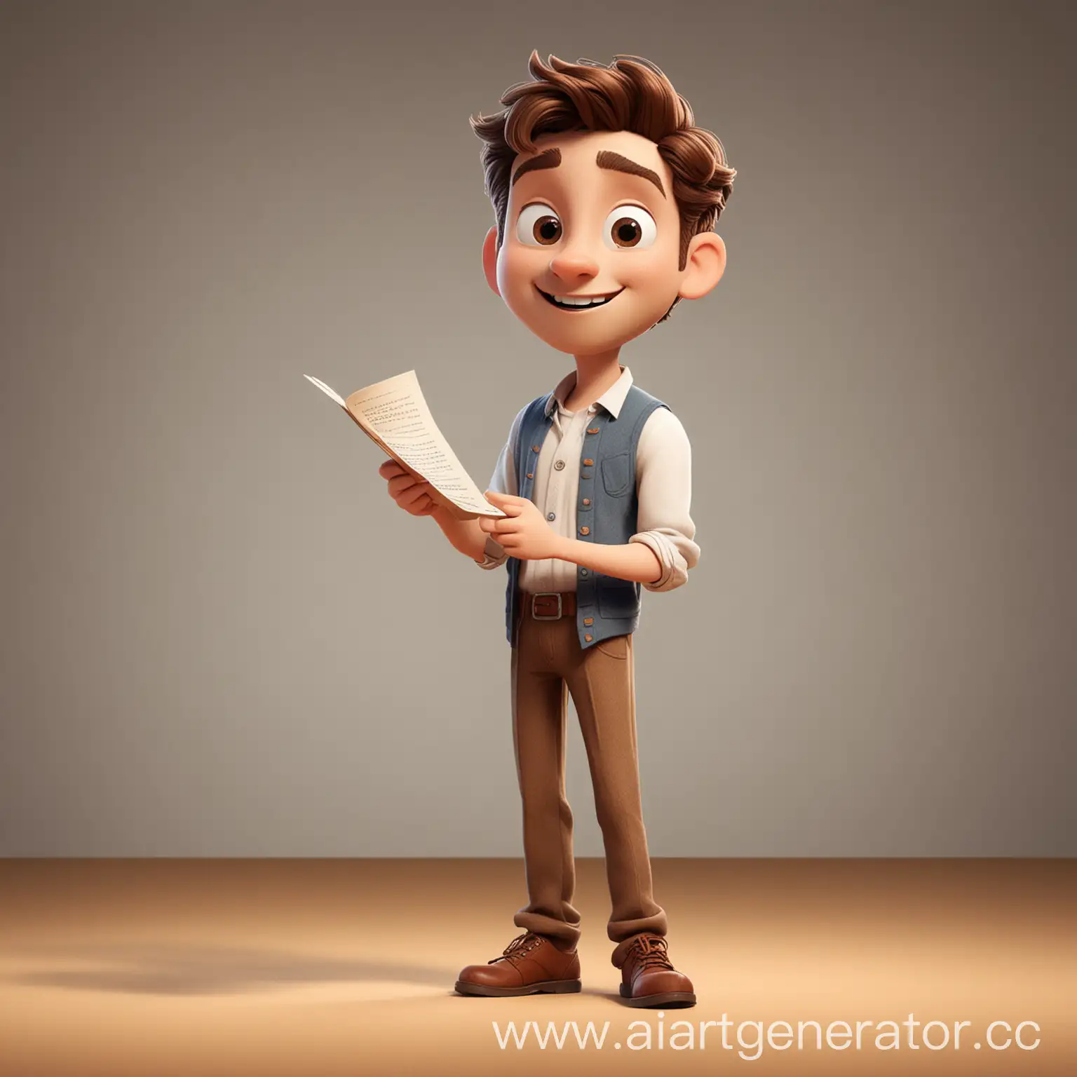 Cute-Cartoon-Actor-Rehearsing-with-Script-on-Stage