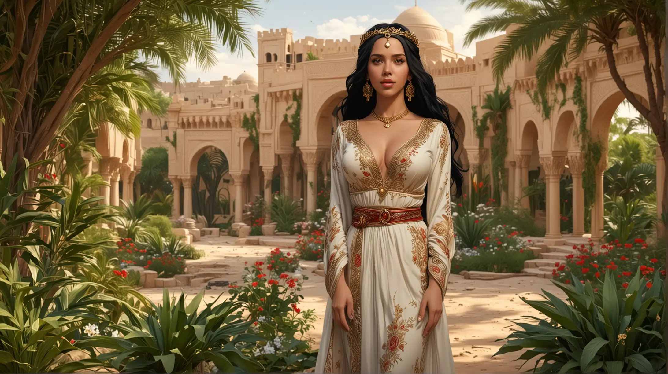 cartoon, Scarlett Johansson as Beautiful young arab empress goddess with long black hair standing full-body with a wonderful smile, an oasis with lush vegetation in the background
