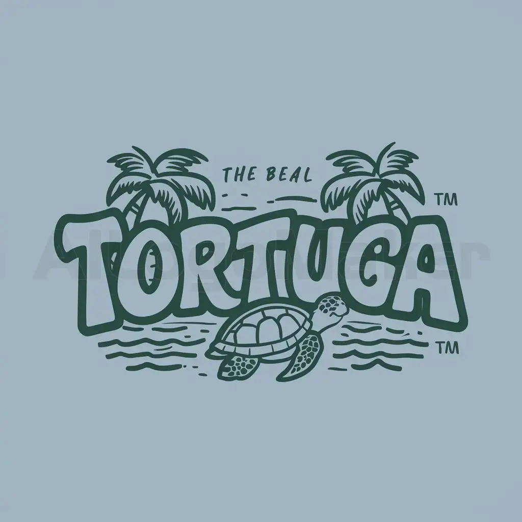 a logo design,with the text "TORTUGA", main symbol:Beach waves, Island vibes, sea turtle, groovy and funky fonts, treasure island,Moderate,clear background
