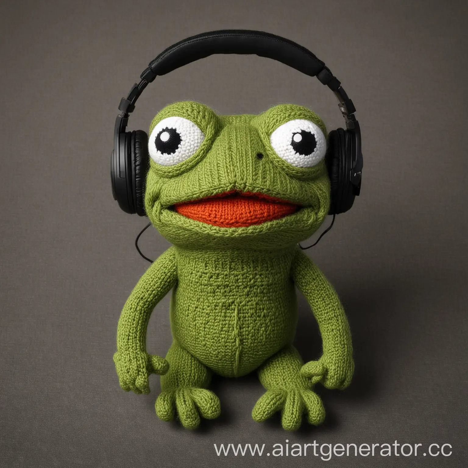 Cute-Knitted-Pepe-Frog-Wearing-Headphones-and-Playing-with-Gamepad