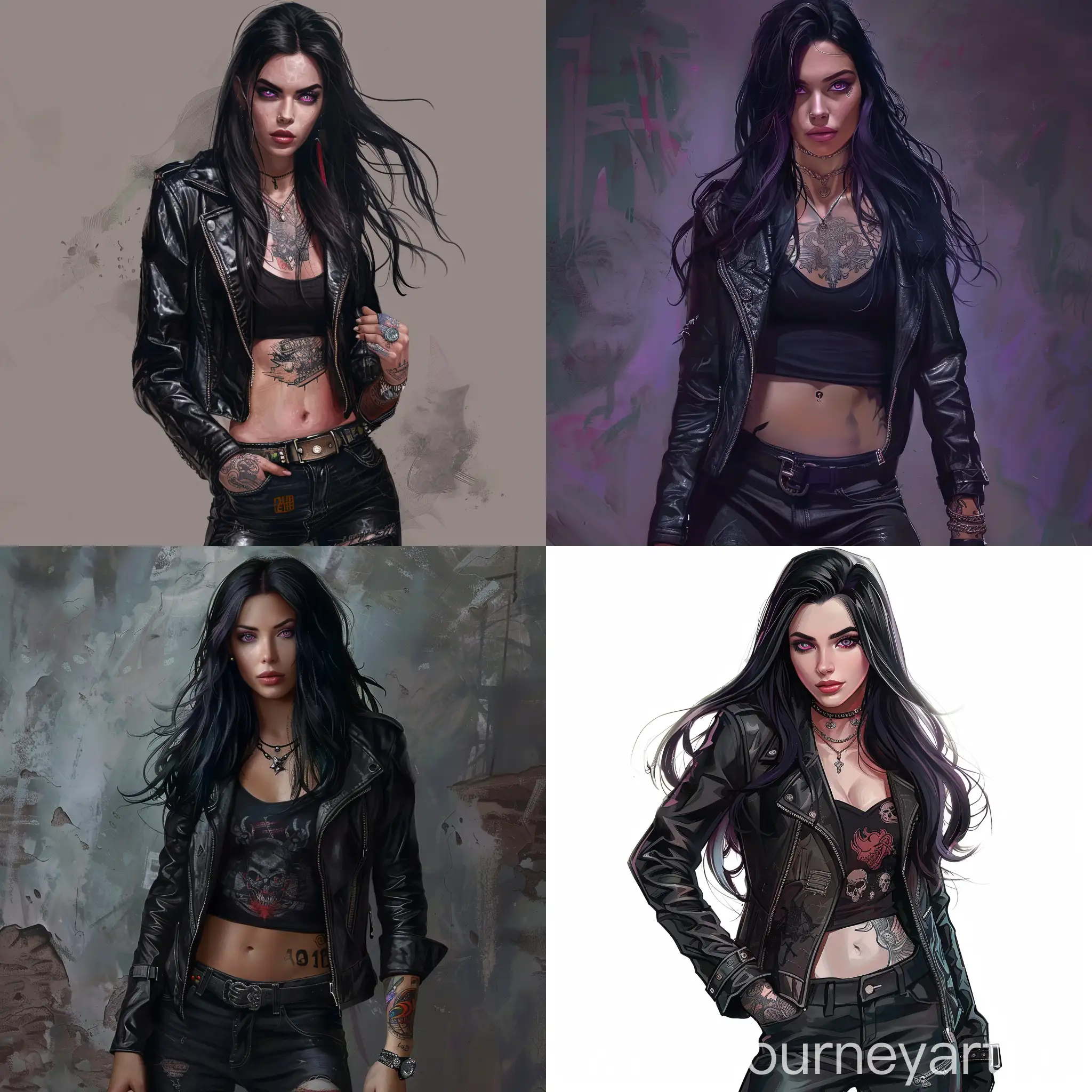 Woman: 28 years old: tall: muscular build: rough facial features: ample breasts: tattoos on the arms: fair skin: black long hair: purple eyes. She wears a black leather jacket, a T-shirt with a rock band and black leather pants.