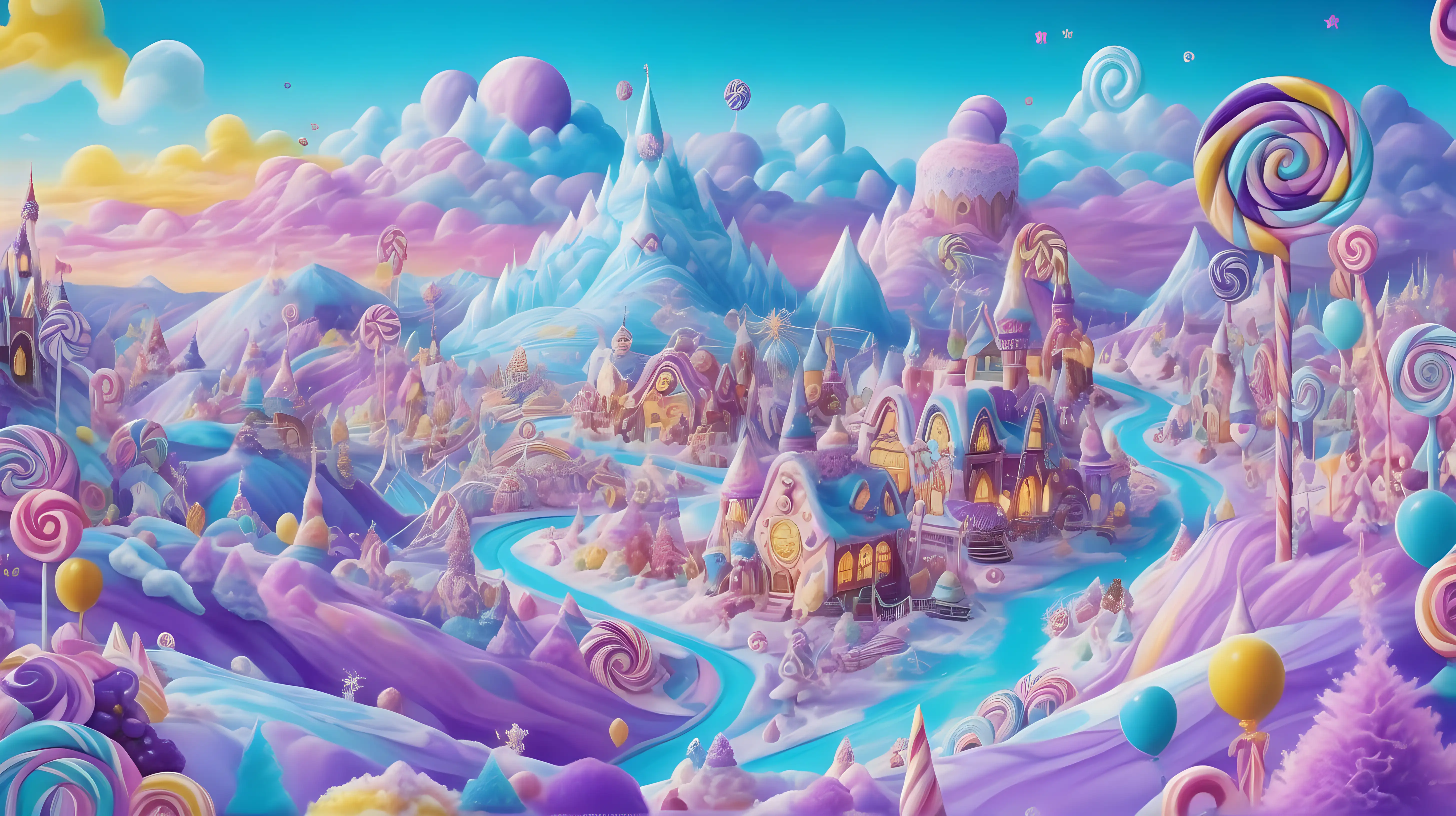 Fairytale, whimsical candy wonderland. Lollipops by magical bright-turquoise-sugar rivers surrounded by candy and whip cream and ice cream. Candy in the middle of ice cream-frosting hills. Candy-sprinkles. Purple. Blue. 8K. bright-yellow, and purple sky with cotton-candy clouds.