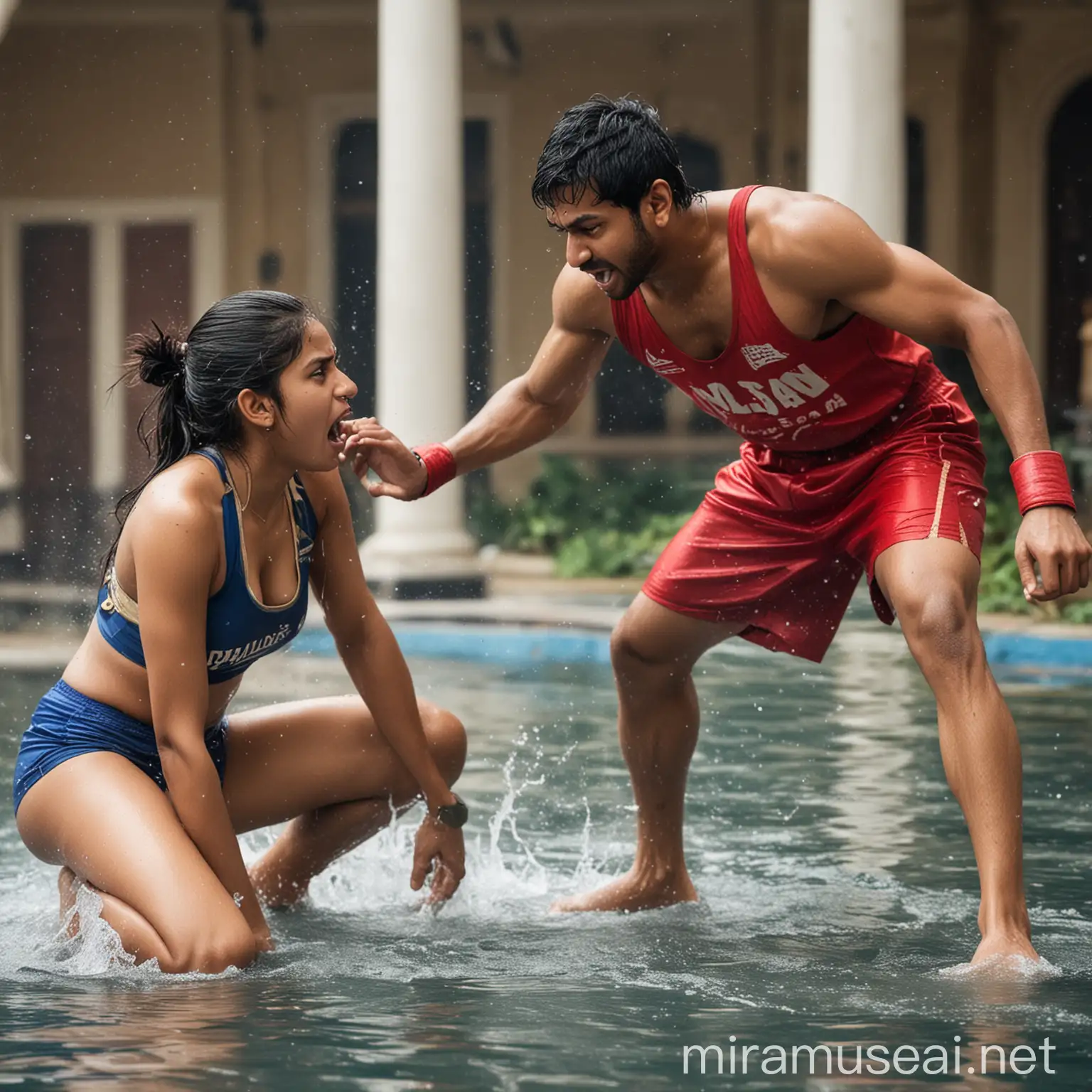 classic college boxing: indian girl in singlet vs indian guy in singlet, image,, INDIAN girl on the floor, knocked out, both are angry, in water ring, photo, palace