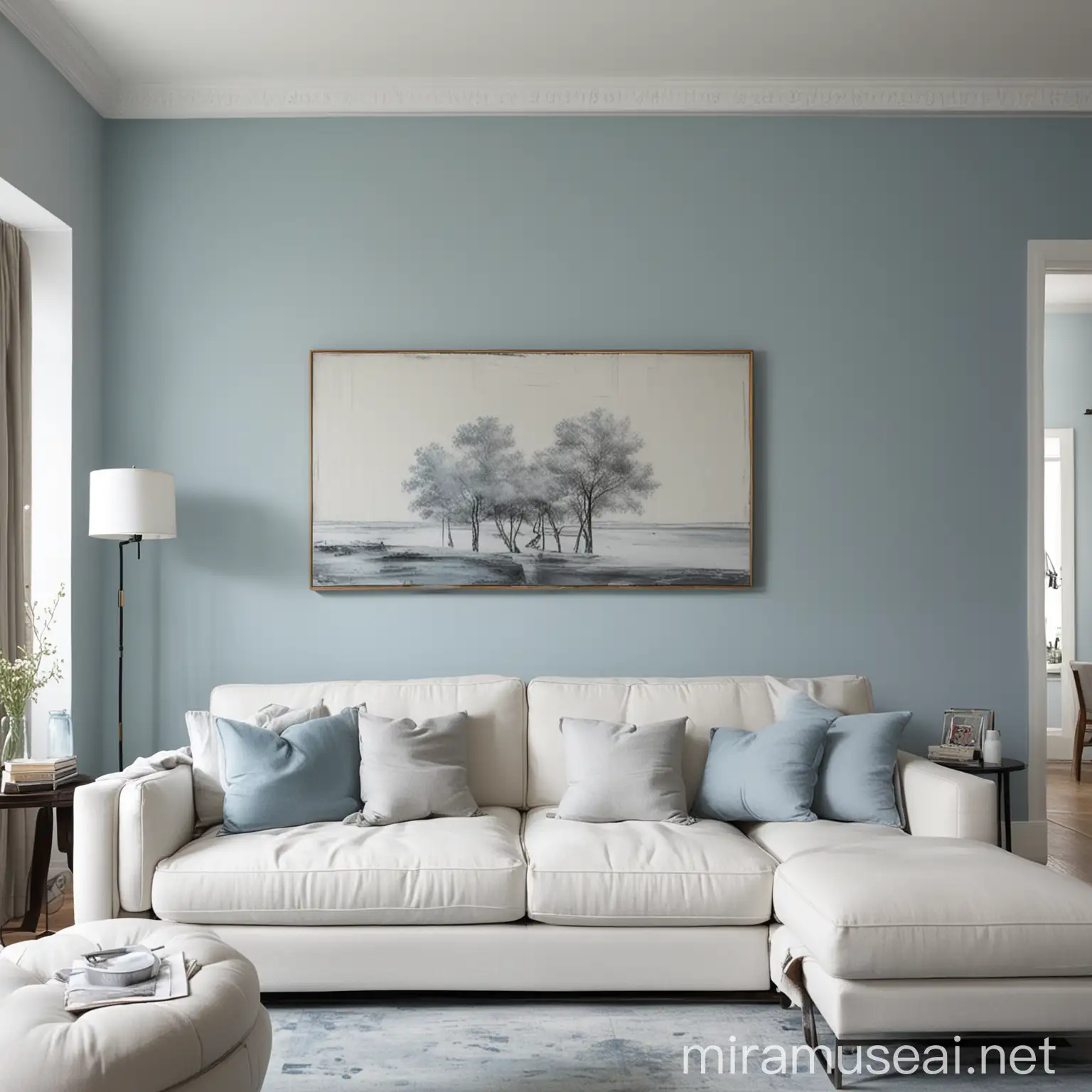 pale blue living room walls, white modern sofa
