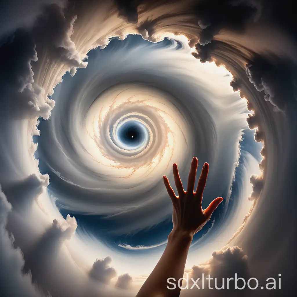 Mysterious sky with a huge whirlpool cloud, the center of the vortex is hollow, a woman's hand stretches out from this hole, the hand stretches forward, fingers open as if to grab.