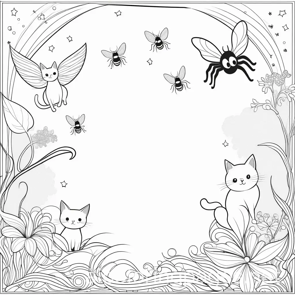 Flying cats and spiders, Coloring Page, black and white, line art, white background, Simplicity, Ample White Space. The background of the coloring page is plain white to make it easy for young children to color within the lines. The outlines of all the subjects are easy to distinguish, making it simple for kids to color without too much difficulty