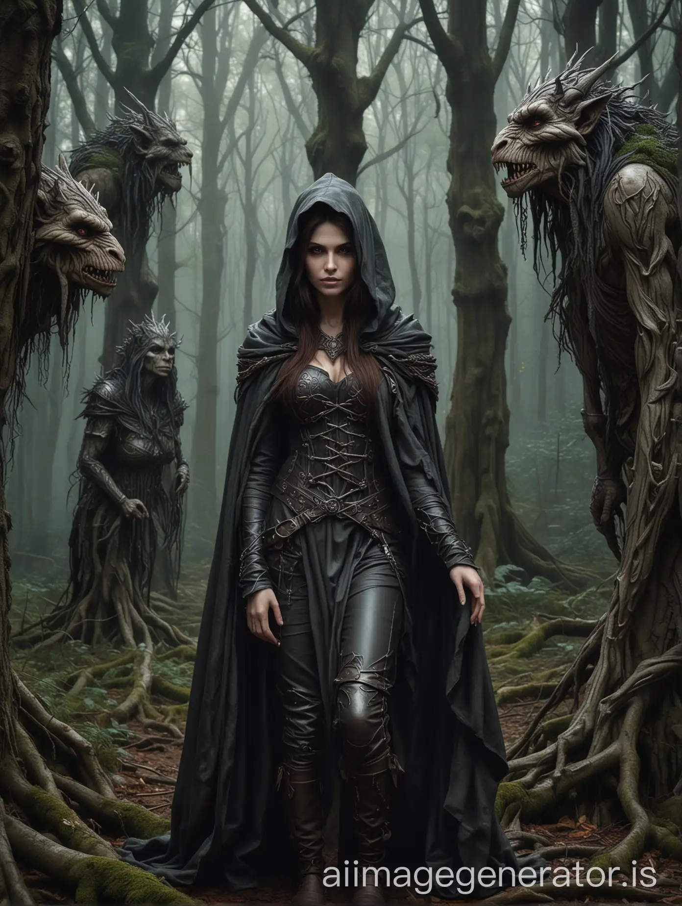 anne stokes art style, woman in medieval hood, hiding in deep woods, crooked trees, huge troll figure in the background, background of dark forest trees
