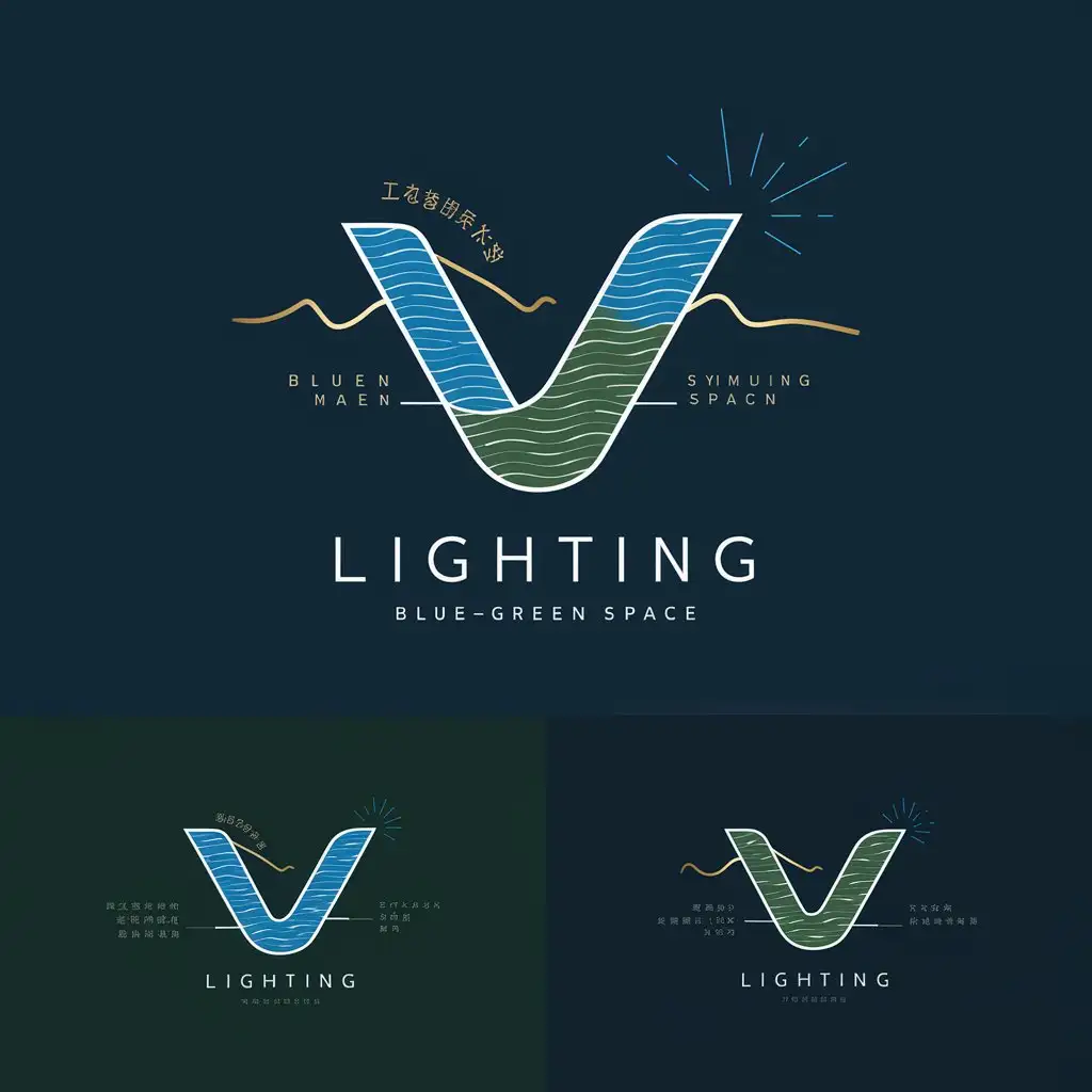 a logo design,with the text "lighting", main symbol:Adopt a ‘V’ shape, this ‘V’ can morph into wavy water wave outlines or mountain contours, symbolizing blue-green space (blue representing water bodies, green representing vegetation). The ‘λ’ (Lambda) symbol: cleverly integrated into a certain part of the ‘V’, such as being a decorative detail of the ‘V’ or a part of its background, subtly showcasing the fusion of mathematics and technology. Use blue and green, representing water bodies and vegetation respectively, to reflect the ecological characteristics of blue-green space. Auxiliary color: gold or white can be added as embellishments to highlight the ‘V(λ)’ symbol or other important parts of the logo, adding visual hierarchy and modern feel. In the design of the shape of the ‘V’, elements related to the Beijing-Tianjin region can be subtly incorporated, such as the outline of the Great Wall or the lines of Siheyuan (a type of residence in ancient Beijing), to reflect regional characteristics. Cleverly add lighting elements in the logo, like light rays spreading out from the top or both sides of the ‘V’, symbolizing the importance of lighting construction.,Minimalistic,be used in Education industry,clear background