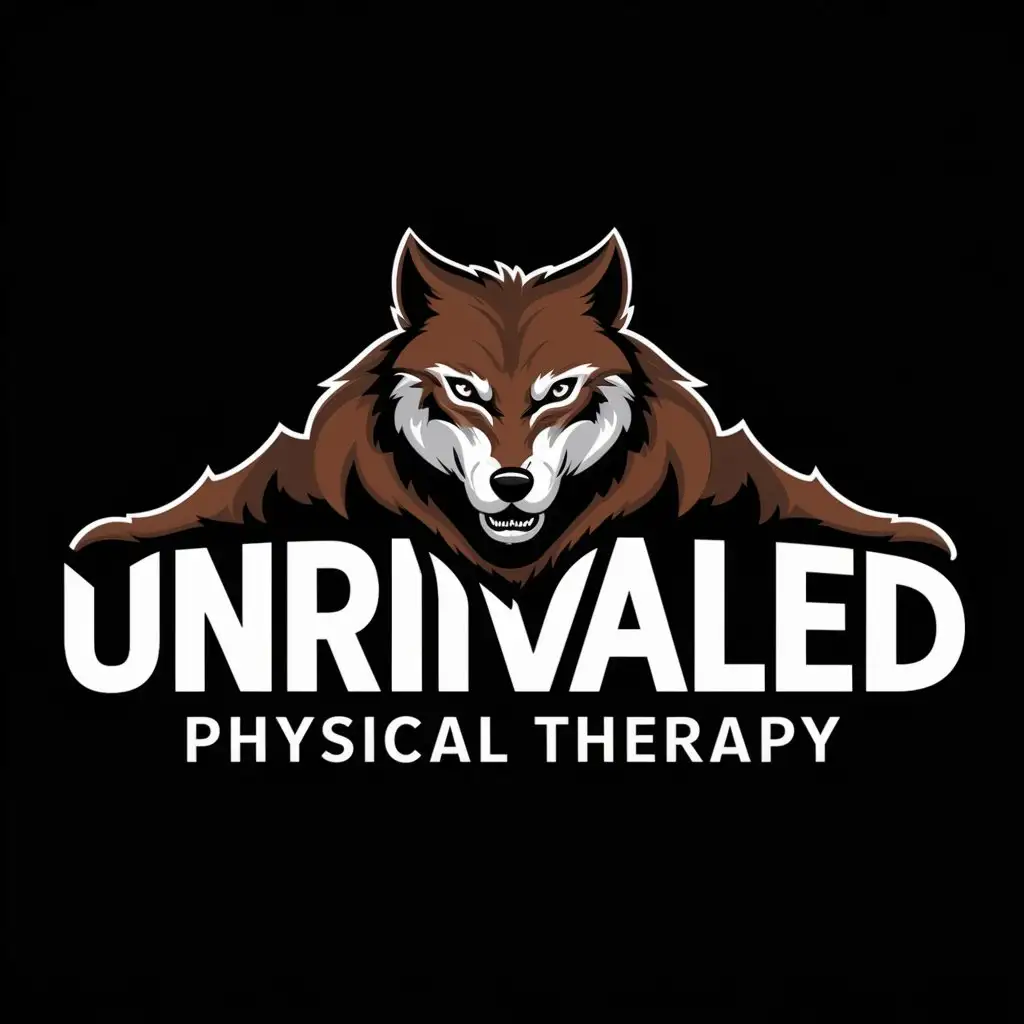 a logo design,with the text "UNRIVALED Physical Therapy", main symbol:the logo is Bold and modern in style. this logo should be logo text with the modern wolf. preferred colors brown and white. must be a black background,Moderate,clear background