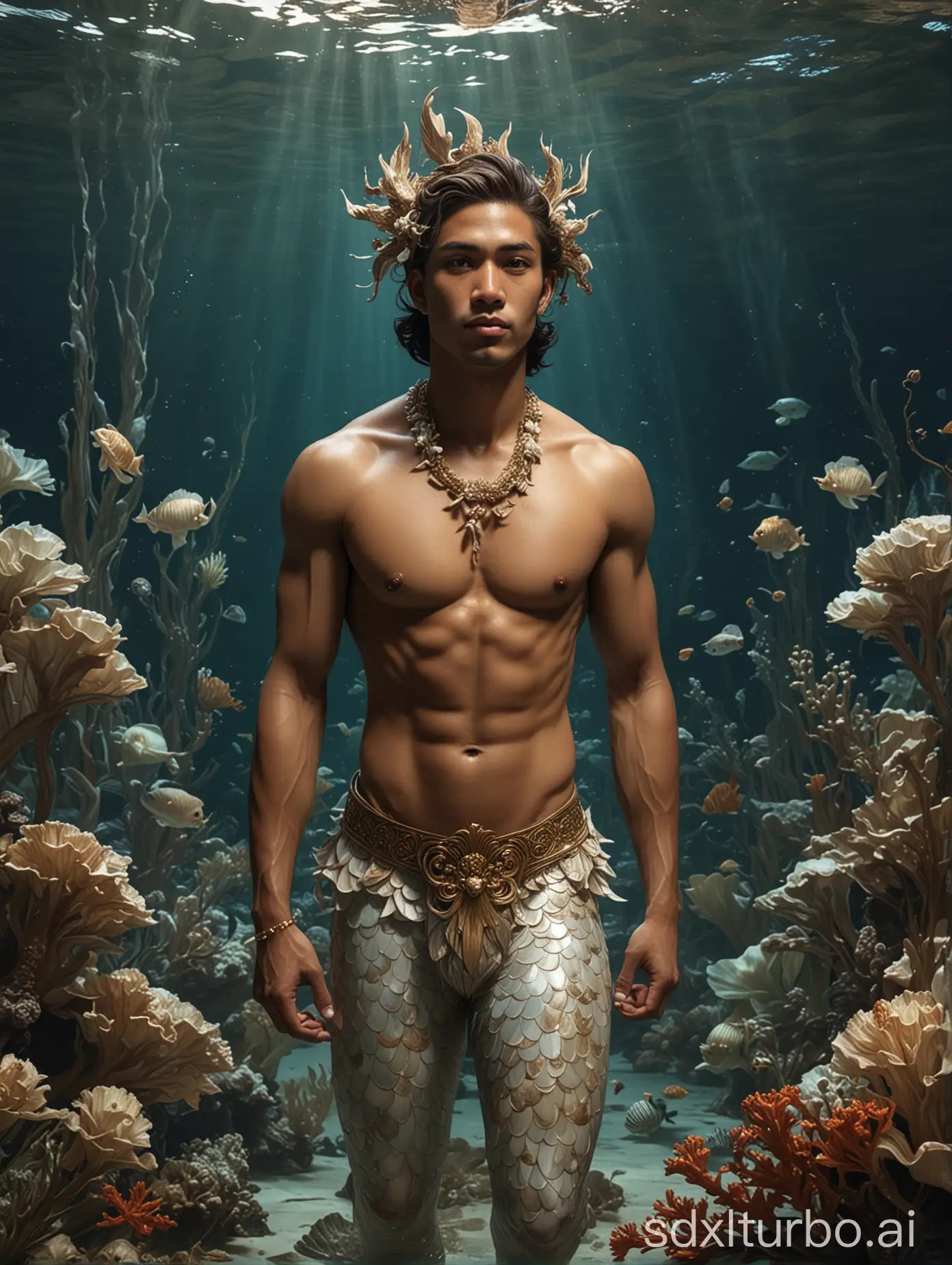 A full-body shot of a Southeast Asian descent merman with shoulder-length dark brown hair, athletic body, wearing traditional accessories, swimming under the sea, in the style of Leyendecker.
