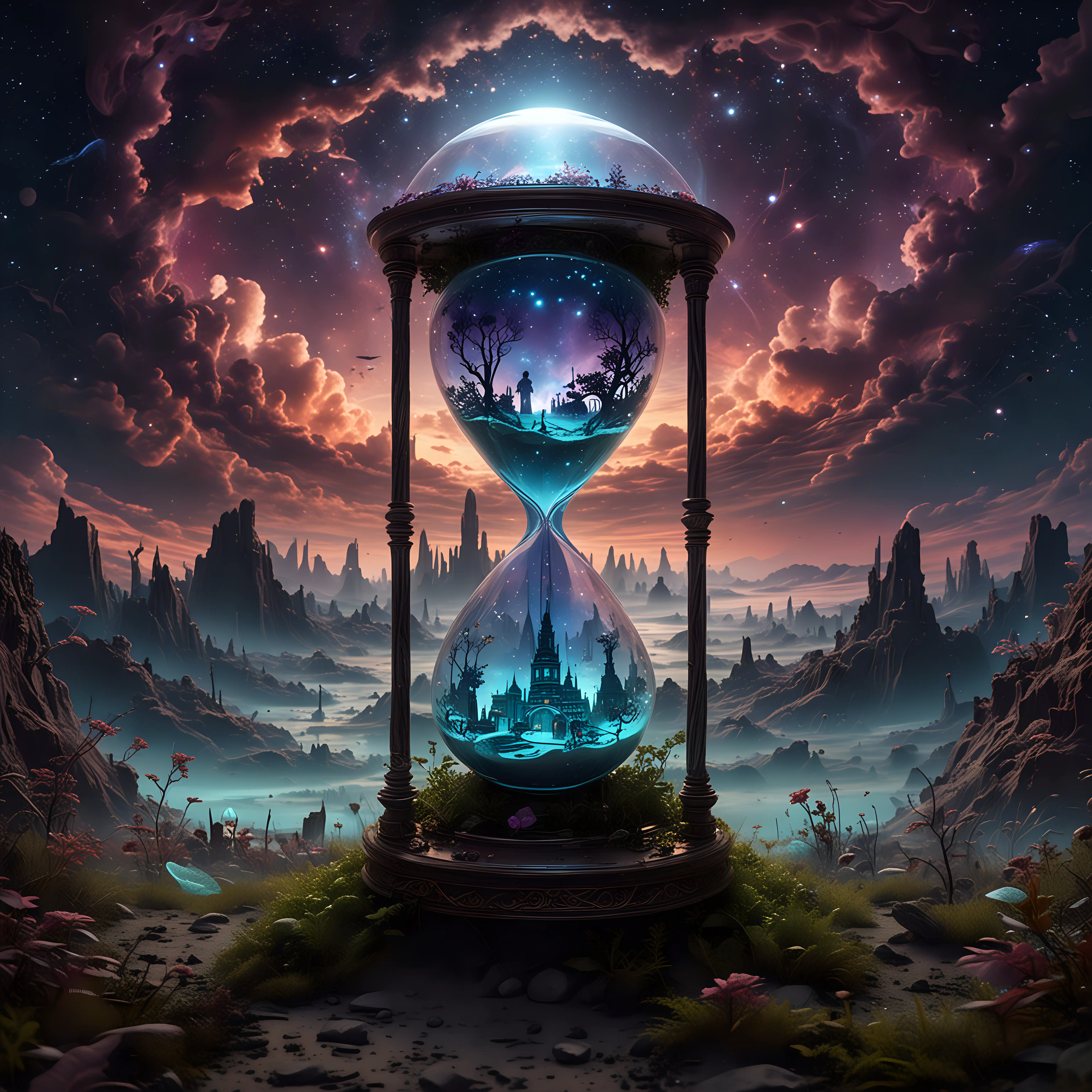 a cosmic hourglass with time running out with a city in bottom of hourglass decorated with glowing patterns, on an alien planet, with bioluminescent foliage, nebulous sky