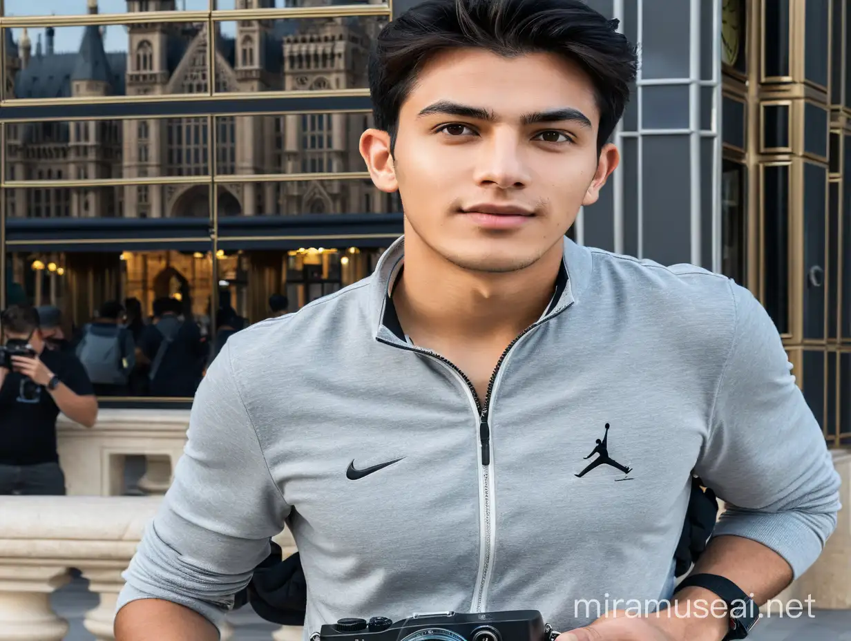 Handsome man,18 years old taking photo in dubai,clean face, underslipback hair, black hair,white t-shirt, jeans jacket, gloves, black jeans, Nike Jordan shoes. Standing in front of the bigben at morning, 800mm lens, realistic, hyperrealistic, photography, professional photography, immersive photography, ultra HD, very high quality, best quality, medium quality, HDR photo, focus photo, deep focus, very detailed, original photo , original photo, very sharp, nature photo, masterpiece, award winning, taken with hasselblad x2d
