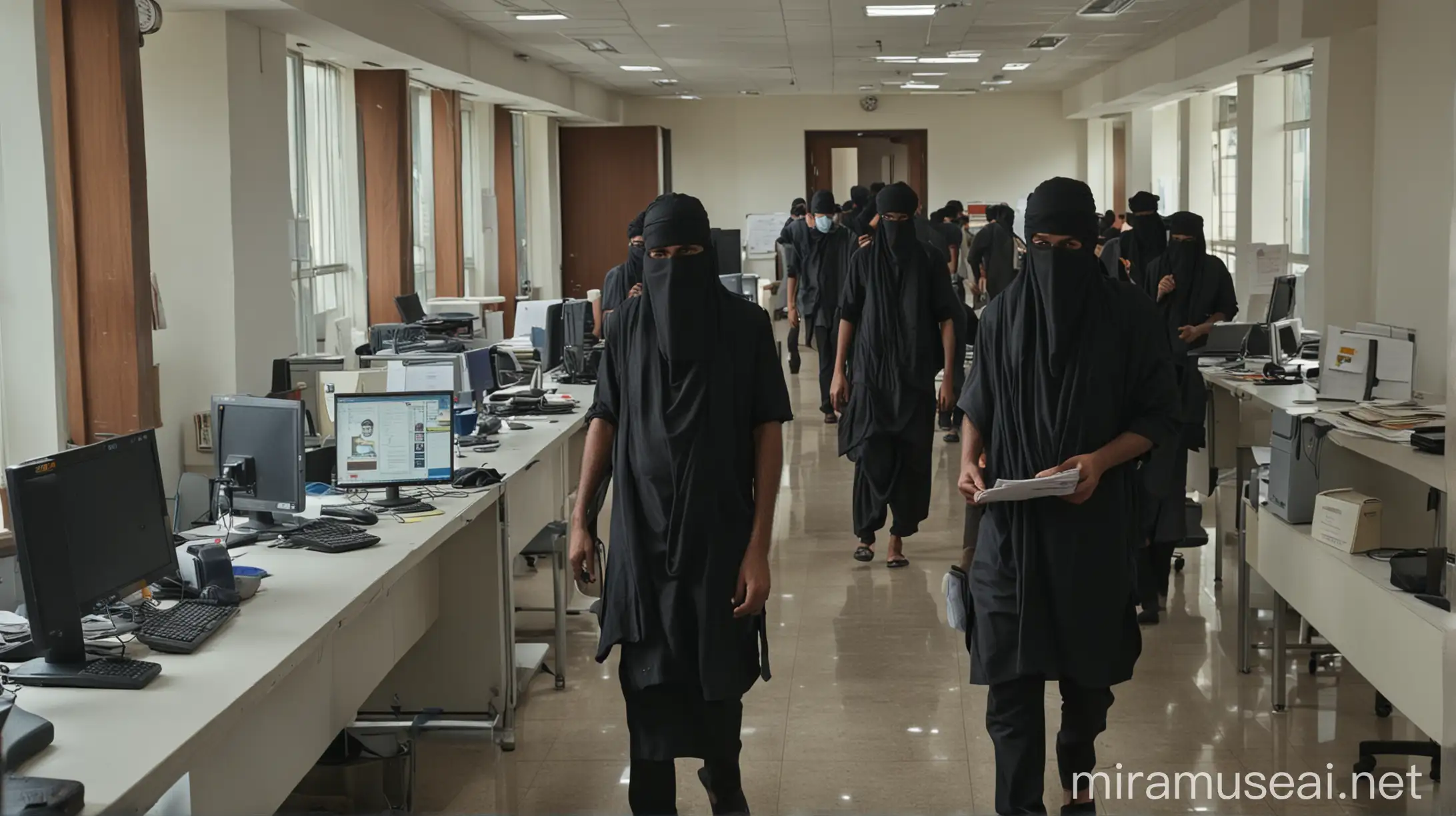 Indian men with black cloths and face cover enter Indian government office, long shot, some people working on computer, detailed