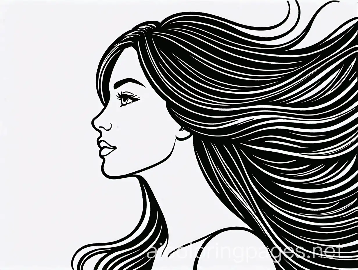 Portrait of a woman in profile with long dark hair, the headwind fluttering her hair, Coloring Page, black and white, line art, white background, Simplicity, Ample White Space. The background of the coloring page is plain white to make it easy for young children to color within the lines. The outlines of all the subjects are easy to distinguish, making it simple for kids to color without too much difficulty