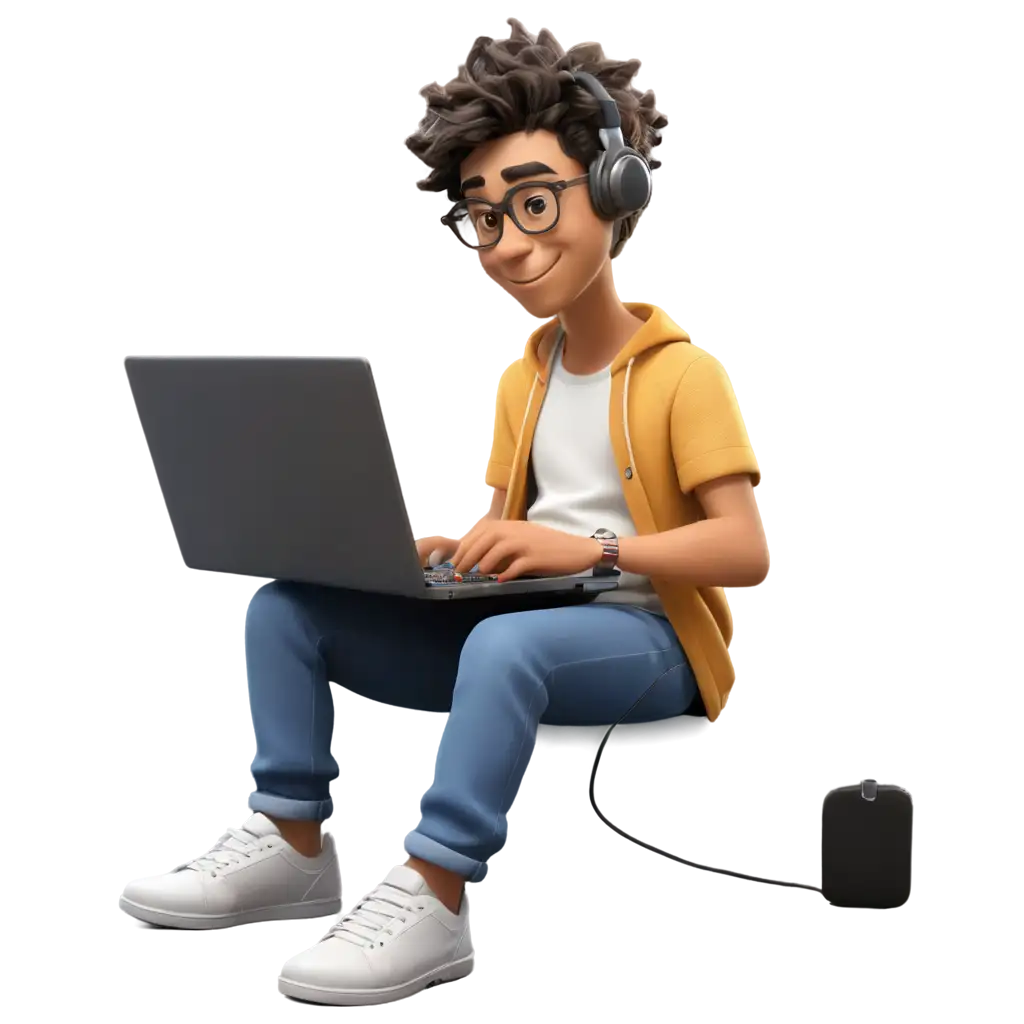 young cartoon guy coding on a pc and sitting on the floor