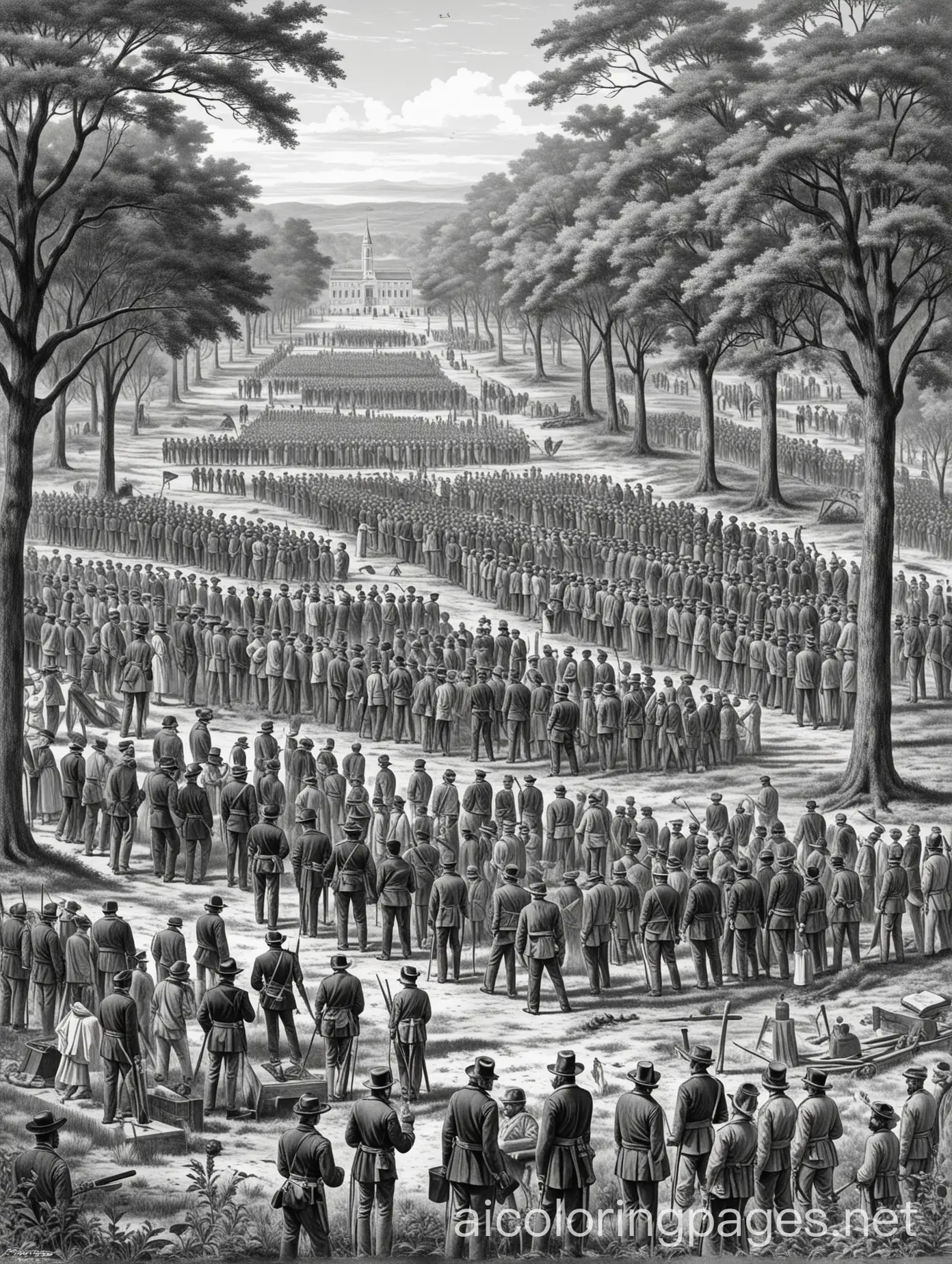 A scene depicting the May 1, 1865 gathering in Charleston, South Carolina, where recently freed enslaved people and Union Army members gathered to bury and decorate the graves of fallen Union soldiers at a former Confederate prison camp., Coloring Page, black and white, line art, white background, Simplicity, Ample White Space.