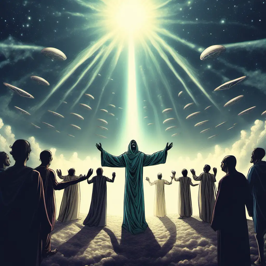 Extraterrestrial Descending from the Heavens Embraced by Humans in Christlike Welcome