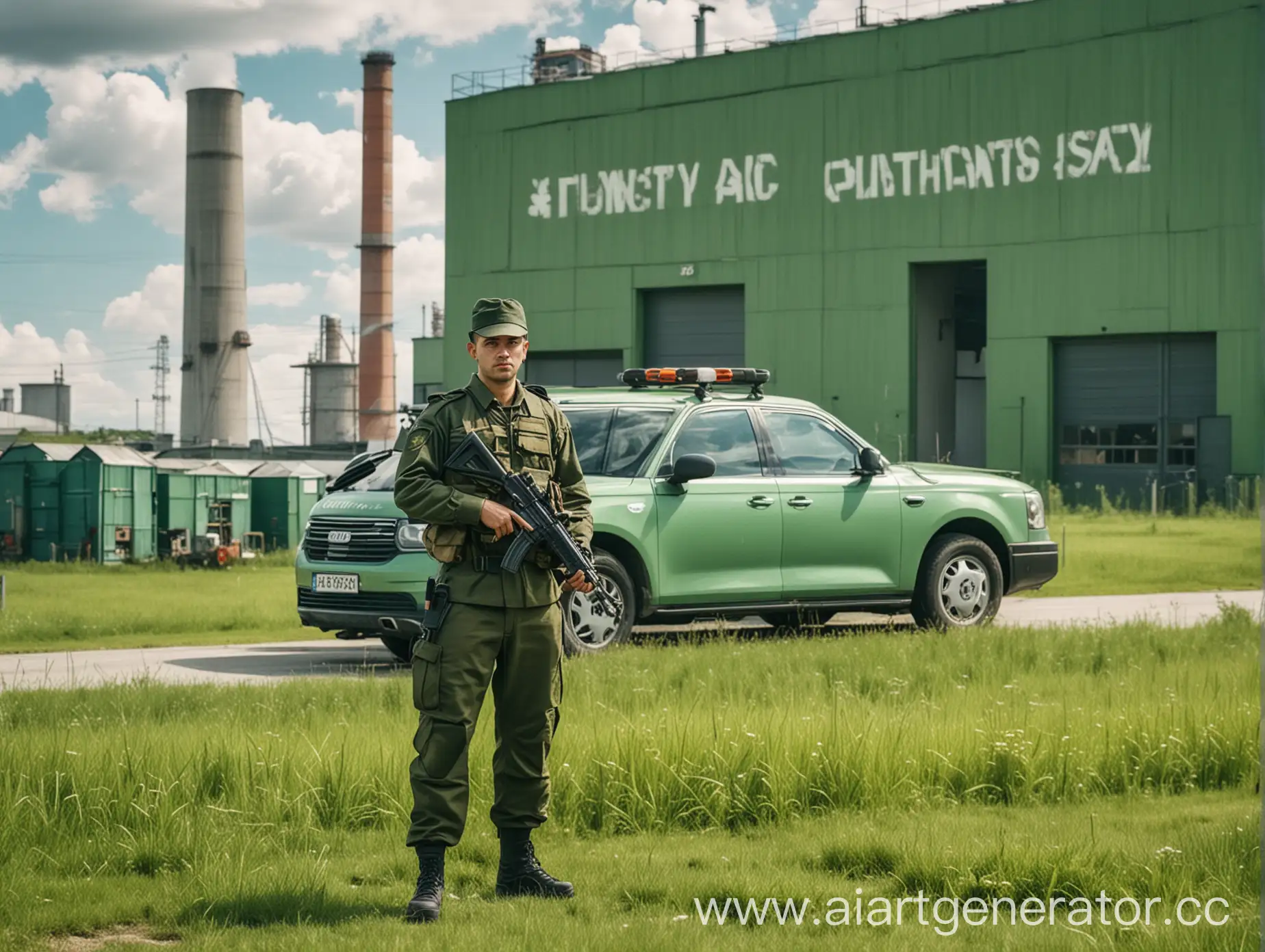 сгенерируй фото охранника рядом с машиной на фоне зеленого луга на котором стоит завод 
