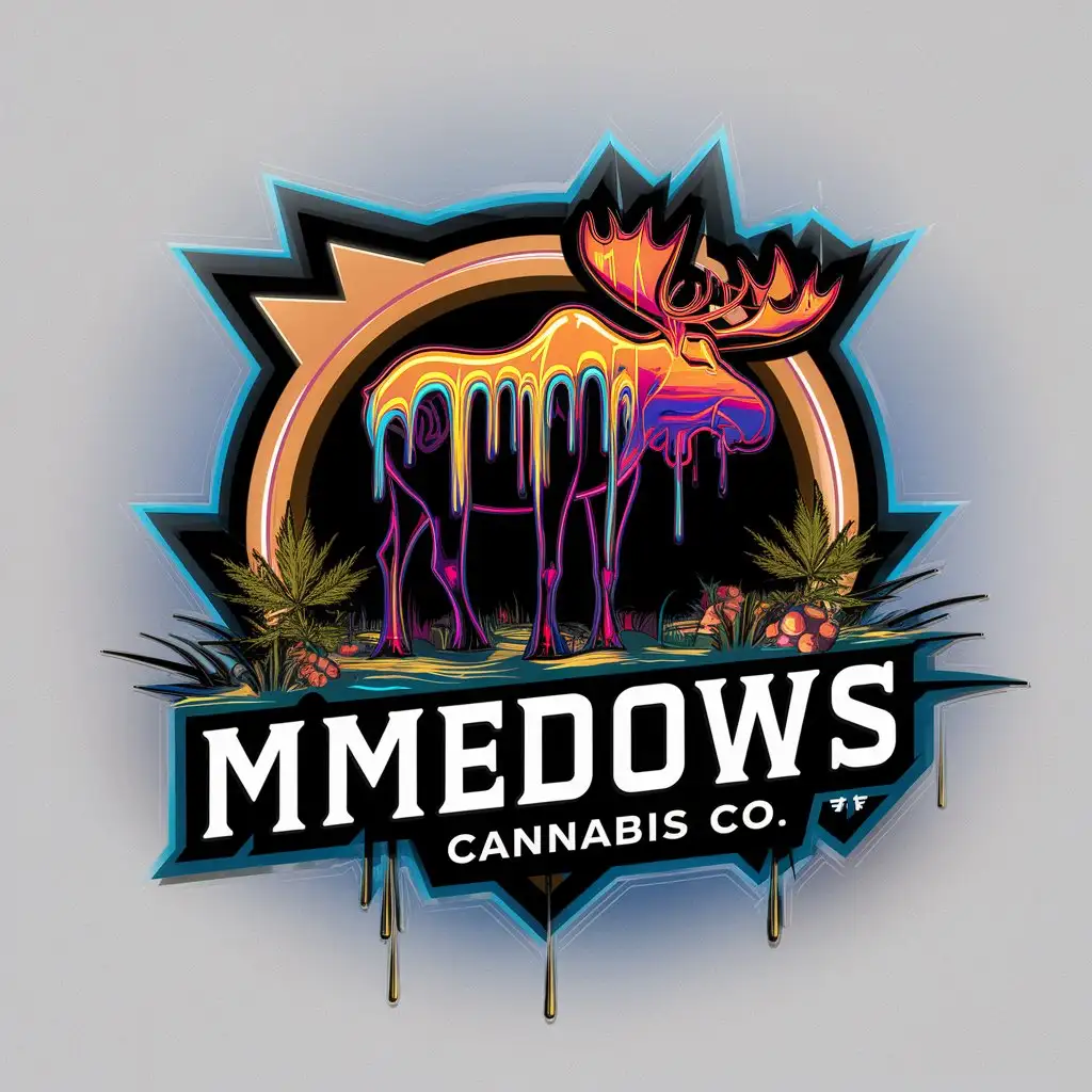 a logo design,with the text "MMEDOWS", main symbol:80's & 90's style, vector, neon, drip, moose silhouette, full color fill image ,earthy, trees, Contour, Vector, neon background, no words, ultra Detailed, ultra sharp narrow outlined image, no jagged edges, vibrant neon colors, with the text 'CANNABIS CO.' typography,Moderate,be used in Entertainment industry,clear background