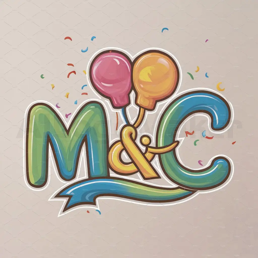 a logo design,with the text "M&C", main symbol:The design could include a more playful and colorful style to appeal to a child audience. You could create a logo where the letters 'M' and 'C' merge in a friendly and fun way. For example, you could represent the letter 'M' as a pair of balloons or confetti forming a curved shape, while the letter 'C' could be a ribbon that intertwines with the balloons or confetti.,Moderate,clear background