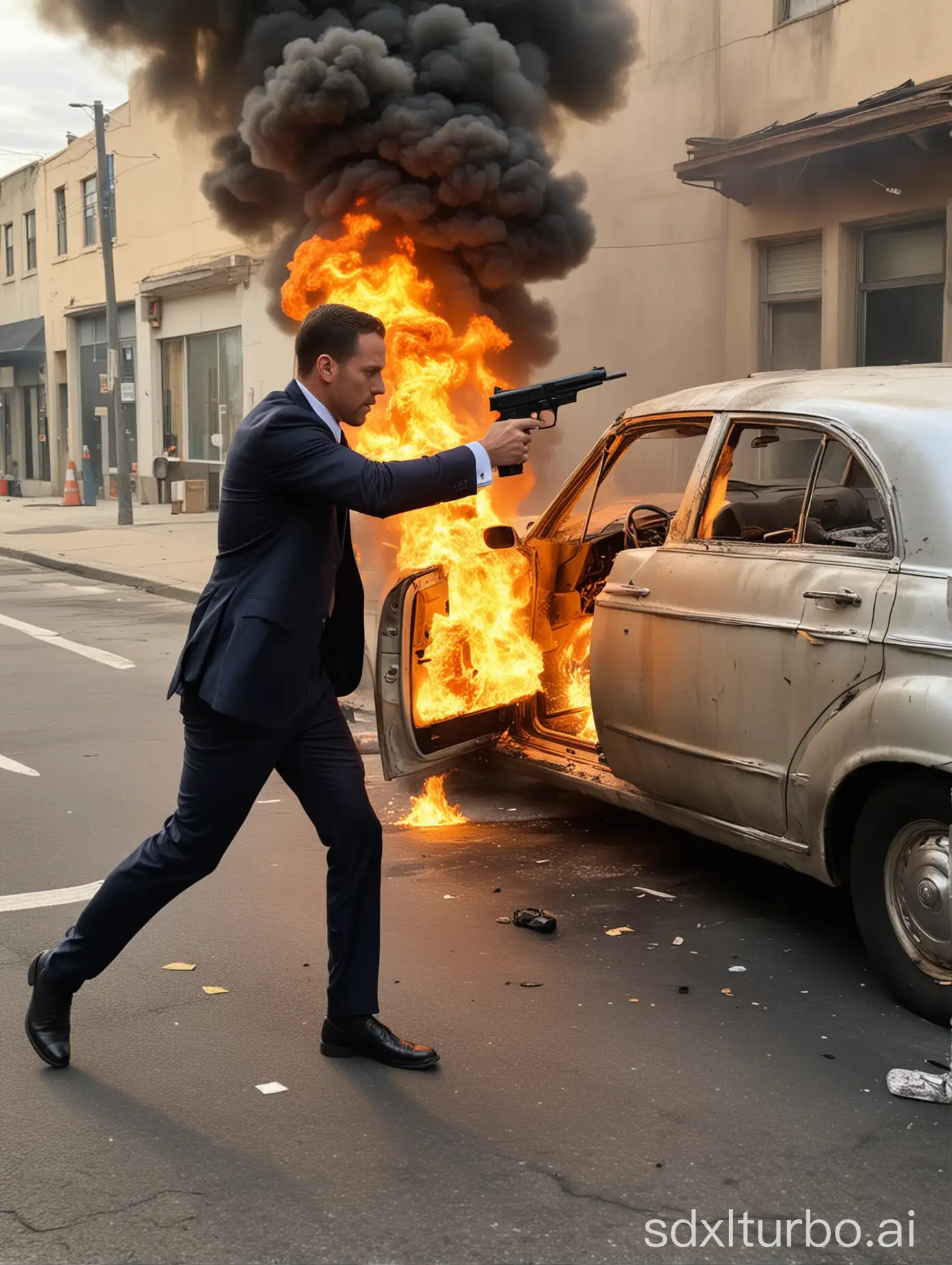 Man-Exiting-Car-with-Weapon-in-Front-of-Burning-Building