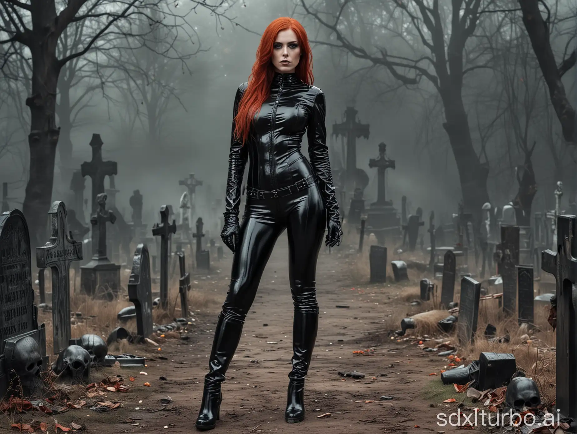 realistic photo gothic woman with red hair and naked small breasts standing , wearing black low-cut shinny pvc long catstuit , wearing long shiny pvc gloves , wearing shinny pvc thigh high boots , in haunted graveyard with zombies and skeletons